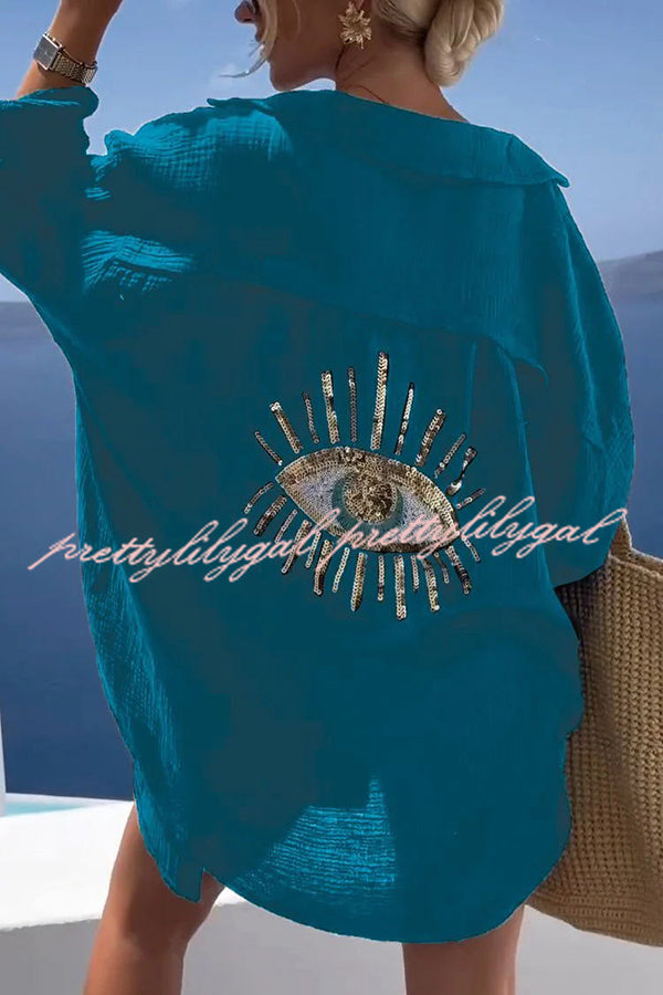 Summer Breeze Linen Blend Sequin Magic Eye Design Oversized Relax Shirt for Women | Boho Chic Beach Cover Up | Casual Loose Fit Blouse for Vacation, Party & Date Night