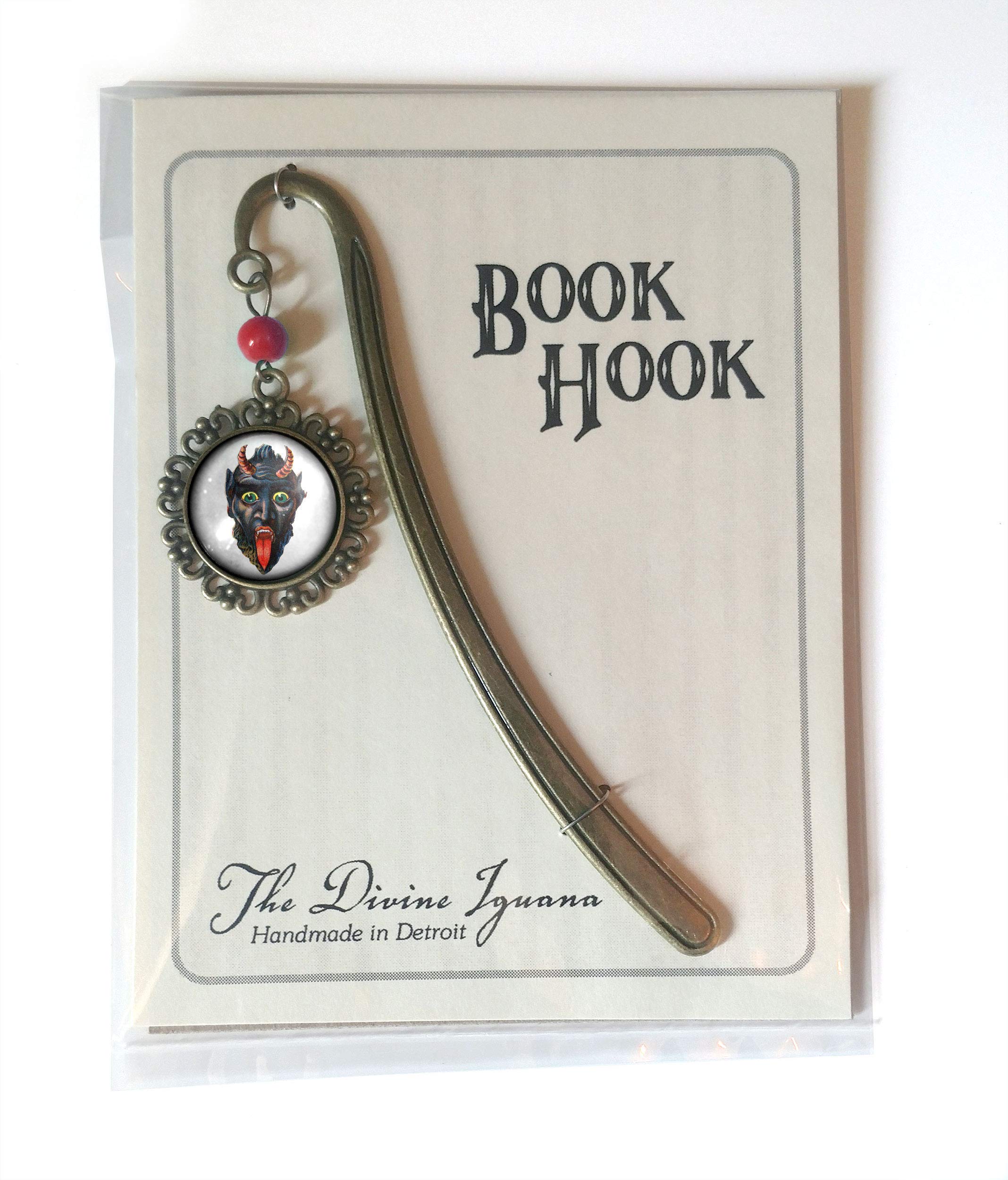 Victorian Krampus Face Gothic Christmas Brass Bookmark with Reverse Decoupage Glass Cabochon - Perfect for Dark Holiday Gifts, Book Lovers & Gothic Decor