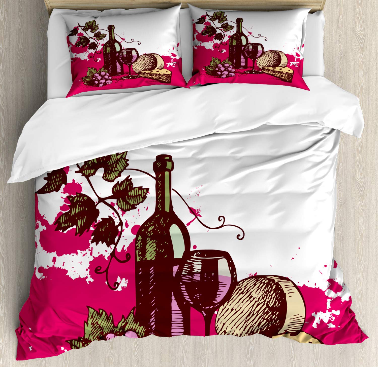 Ambesonne Vintage Wine Duvet Cover Set - California King 3 Piece Bedding with Abstract Cheese & Fruit Design in Olive Green & Hot Pink | Perfect for Wine Lovers' Bedroom Decor & Gift Ideas
