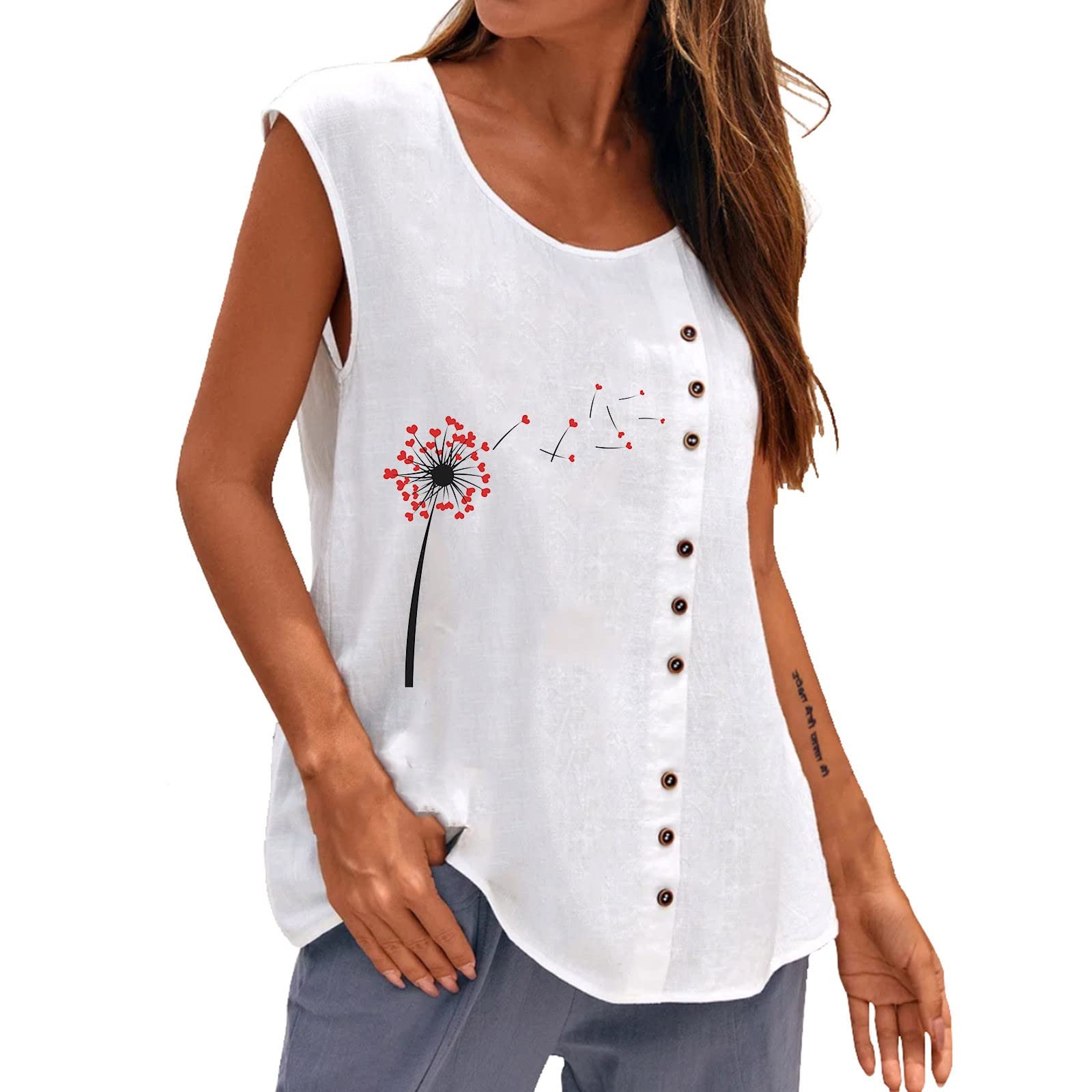 GIPQJK Women's Sleeveless V-Neck Blouse - Cotton Linen Shirt with Retro Chinese Frog Buttons & Side Tie - Summer Boho Tunic Top for Casual Wear, Beach Outfits, and Vintage Style Fashion