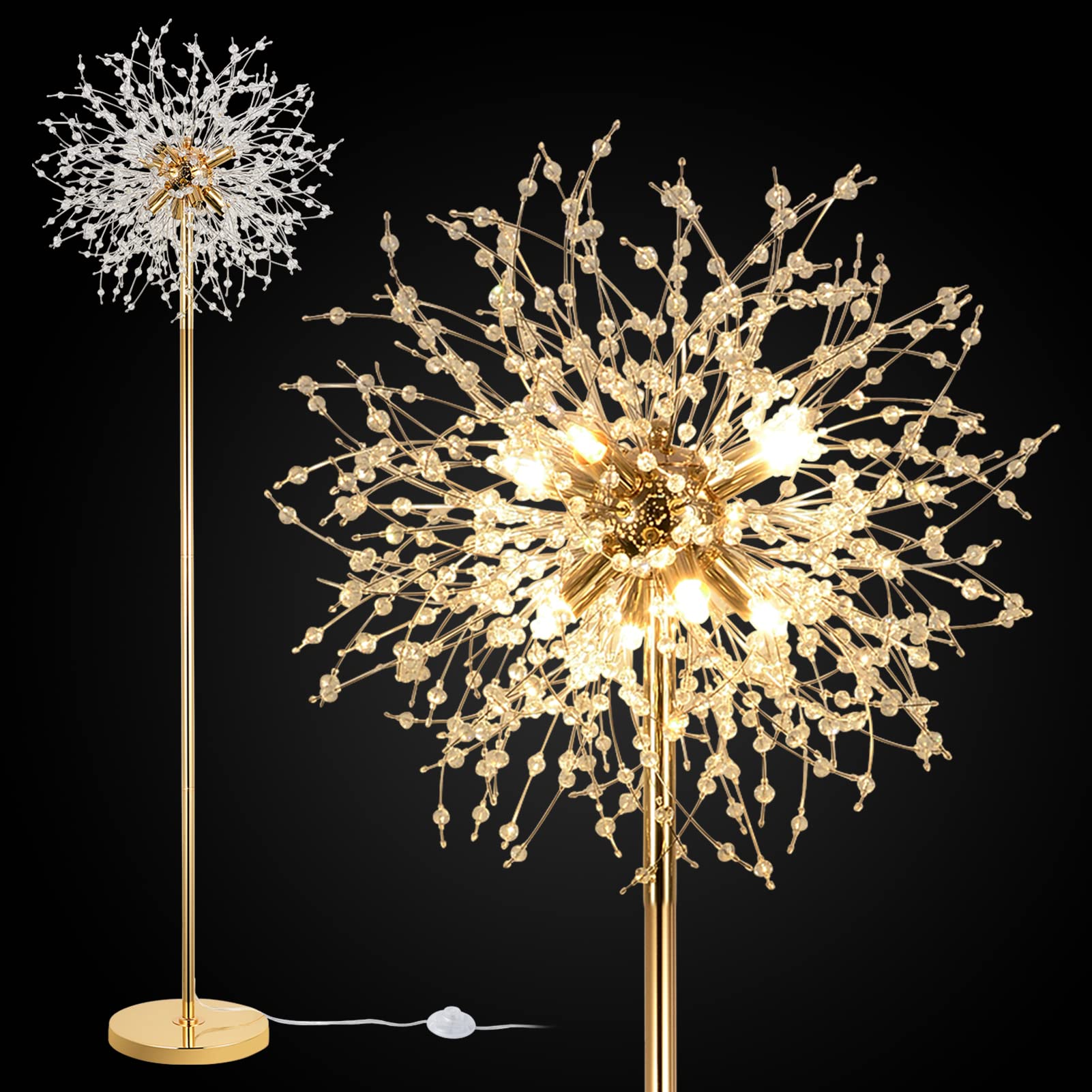 69 Inch Crystal Floor Lamp - Modern LED Standing Lamp with K9 Crystal, Gold Finish Metal Tall Pole Lamp with Foot Switch for Living Room, Bedroom, Office | Elegant Lighting for Home Decor, Reading Nook & Cozy Spaces