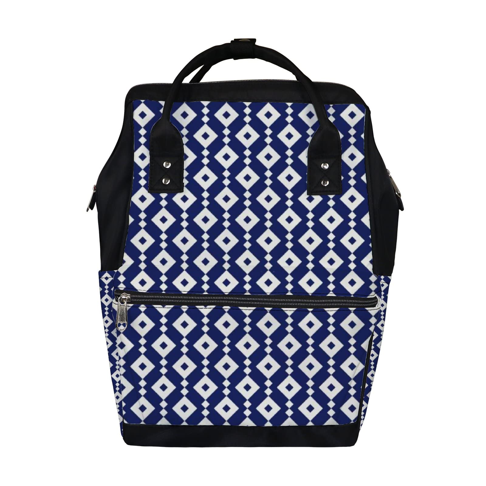 Vintage Boho Blue White Geometric Diaper Backpack - Waterproof Baby Nappy Changing Bag & Laptop Backpack for Travel - Large Capacity Durable Diaper Bag for Women & Men - Perfect for Daycare, Family Outings & Business Trips