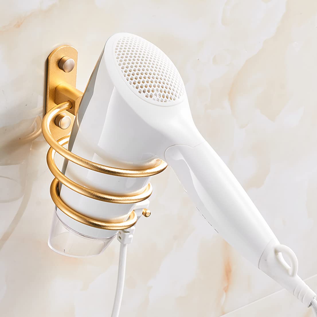 Wall Mounted Hair Dryer Holder - Spiral Blow Dryer Stand Organizer, Aluminum Bathroom Shelf Storage Rack for Hair Styling Tools (Golden) - Perfect for Bathroom, Salon & Home Organization