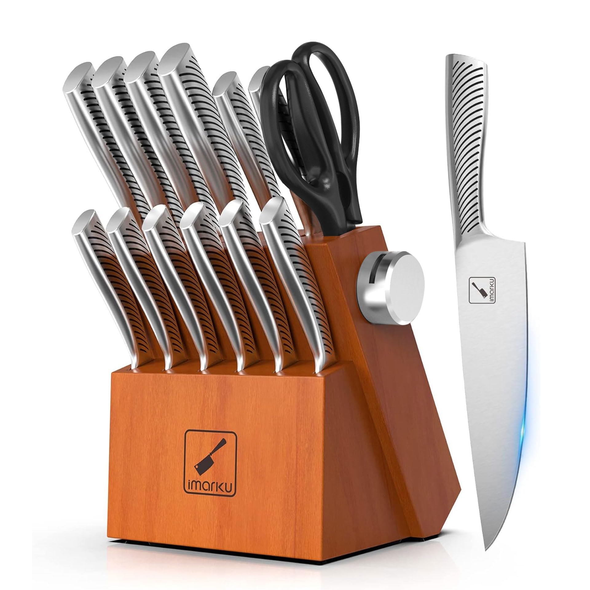 IMARKU 14-Piece Professional Stainless Steel Kitchen Knife Set with Wooden Stand & Sharpener - Perfect for Home Chefs, Cooking Enthusiasts & Mother's Day Gifts