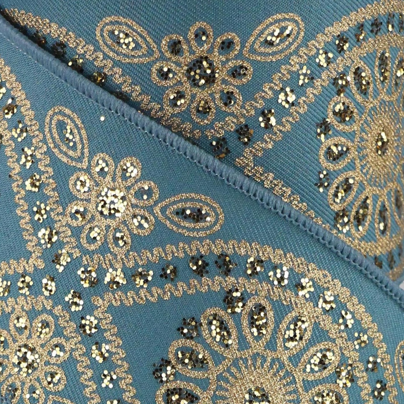 10 Yards Smoke Blue & Gold Deluxe Wavy Floral Ribbon - Perfect for Gift Wrapping, Wedding Decorations, DIY Crafts and Scrapbooking