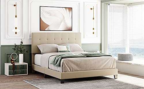 Queen Size Upholstered Platform Bed with Tufted Headboard - Modern Bed Frame with Wood Slat Support & Mattress Foundation, No Box Spring Needed, Easy Assembly (Beige) | Perfect for Master Bedrooms, Guest Rooms & Small Apartments