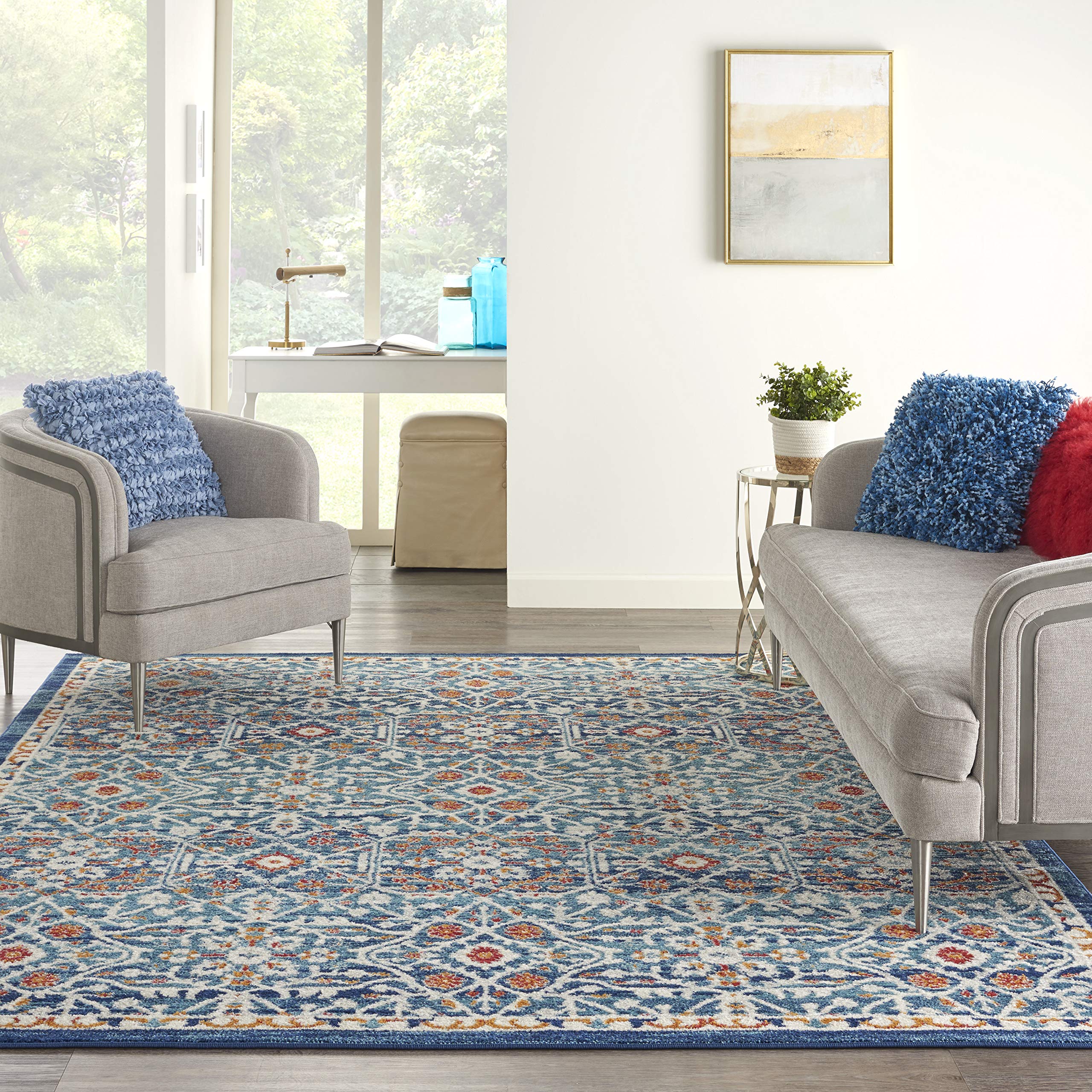 Nourison Passion Bohemian Blue/Multicolor 8' x 10' Area Rug - Easy-Clean, Non-Shedding, Stain Resistant for Bedroom, Living Room, Dining Room & Kitchen | Boho Chic Home Decor, Perfect for High-Traffic Areas & Pet-Friendly Spaces (8x10)