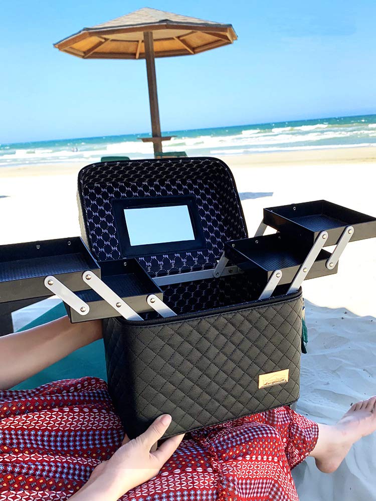Sooyee 4-Layer Foldable Makeup Bag with Mirror - Travel Cosmetic Organizer for Women, Black | Perfect for Travel, Home Storage & Makeup Artists