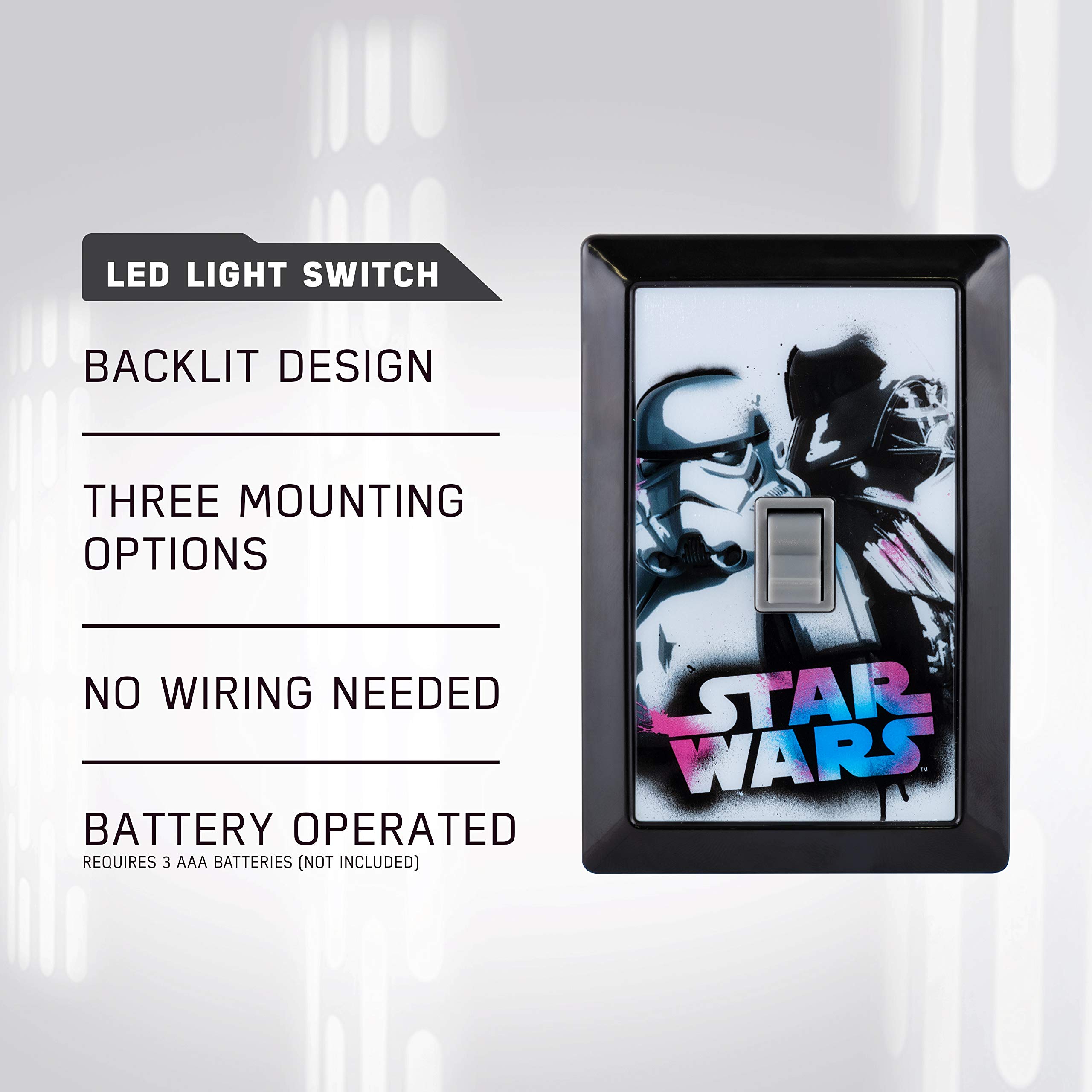 Star Wars LED Night Light for Switch - Battery Operated Wireless Light with Magnet Mount & Manual ON/OFF - Disney Stormtrooper & Darth Vader Stick-On Light - Perfect for Bedroom, Bathroom, Kids Room, Game Room & Home Decor (Model 43736)