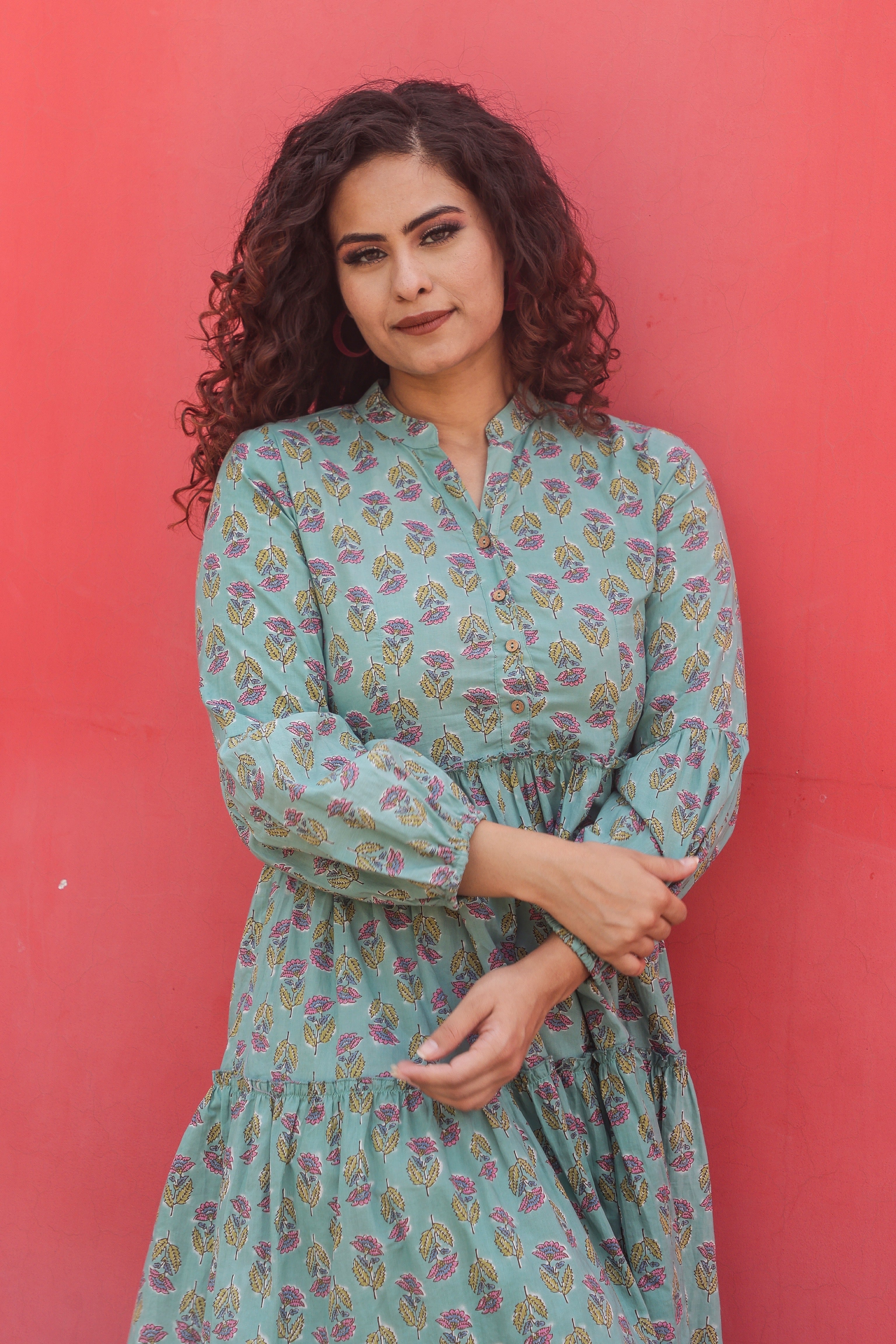 Stylish Teal Block Print Floral Cotton Maxi Dress for Women | Boho Summer Beach Dress | Perfect for Vacations, Parties & Casual Outings
