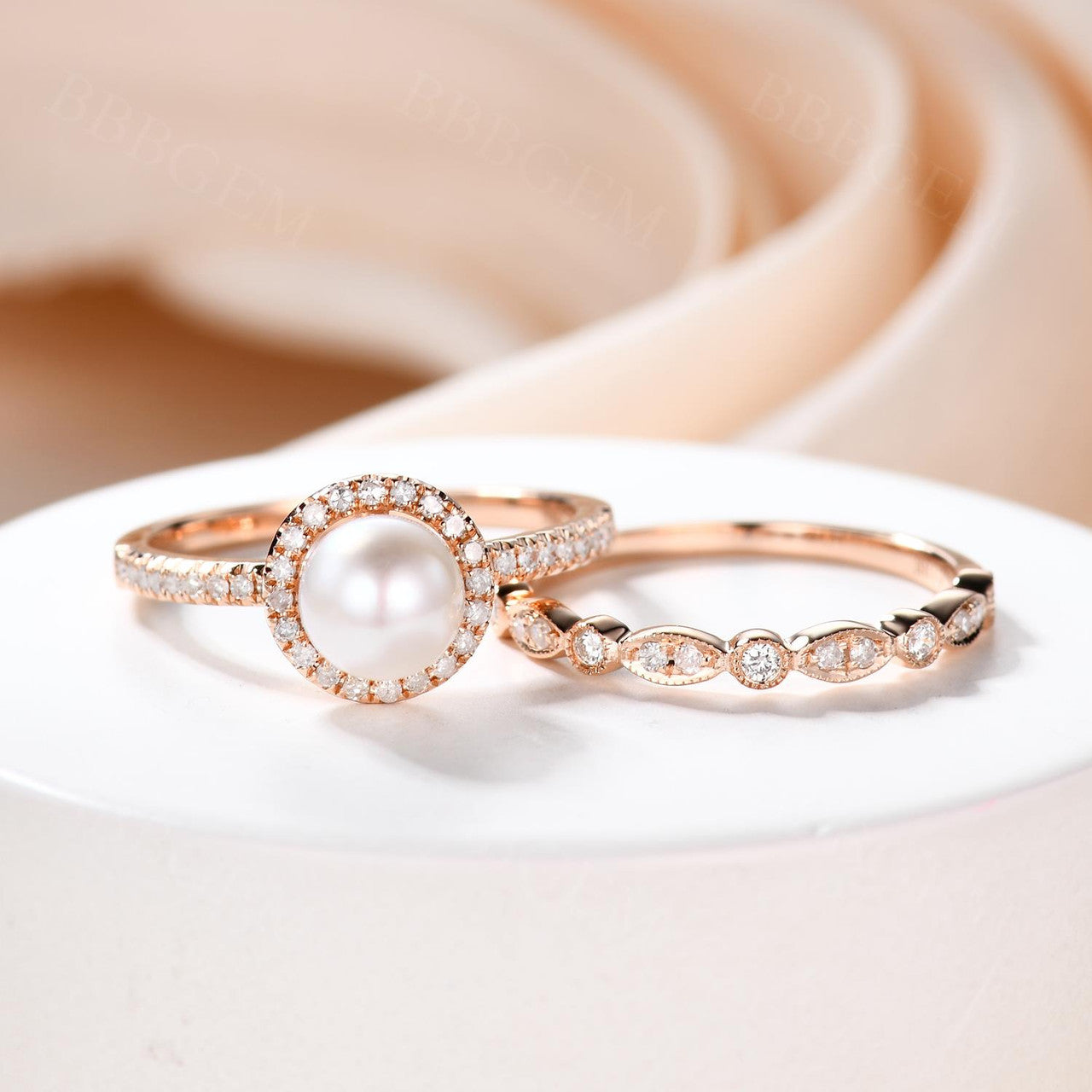 Exquisite Akoya Pearl & Diamond Engagement Ring Set in Rose Gold - Art Deco Vintage Wedding Band for Women, Bridal Jewelry Set, Anniversary Gift, 2-Piece Halo Eternity Ring (Perfect for Proposals, Weddings & Romantic Occasions)