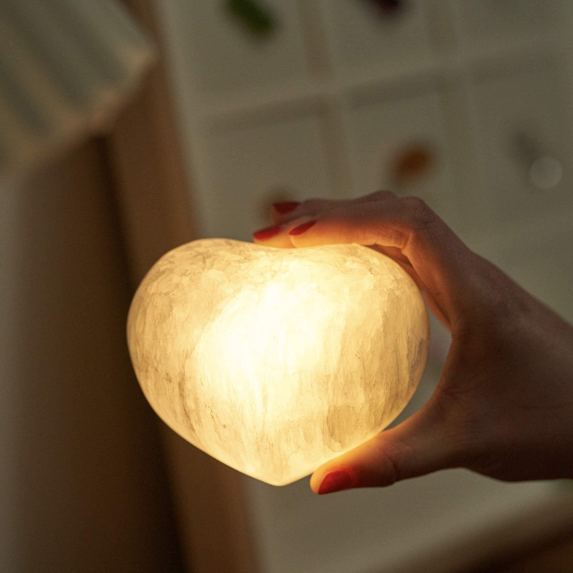 Rechargeable Selenite Crystal Lamp - Hand Carved Natural Stone Night Light with Dimmer (White/Warm/Yellow, Heart Shape) | Healing Crystal Light for Bedroom, Meditation & Yoga Space