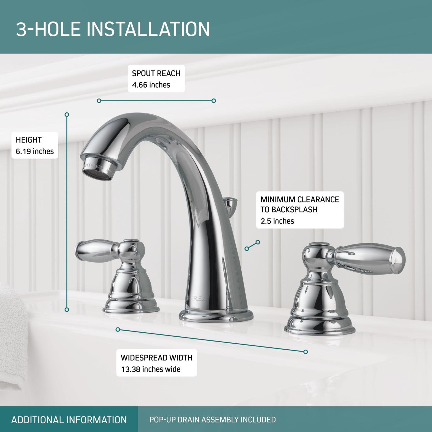 Peerless Chrome 3-Hole Widespread Bathroom Sink Faucet with Drain Assembly - Modern Bathroom Vanity Faucet for Bathroom Sink, Perfect for Home Renovation & Bathroom Upgrade