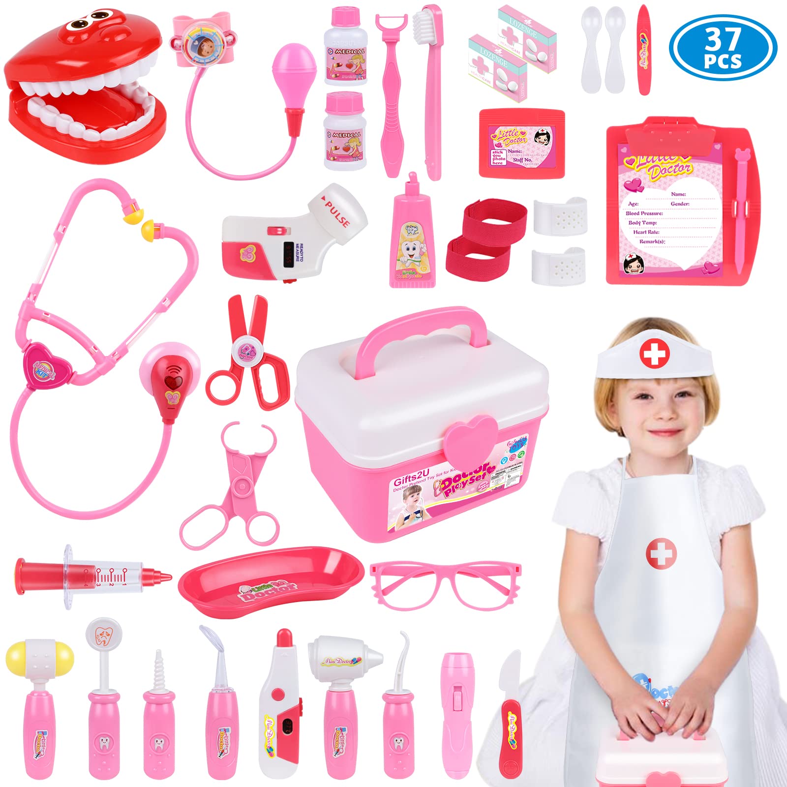 Gifts2U 37-Piece Toy Doctor Kit for Kids - Pretend Play Dentist & Medical Role Play Educational Playset for Girls & Boys Ages 3-6 | Perfect for Birthday Gifts, Preschool Learning & Imaginative Play