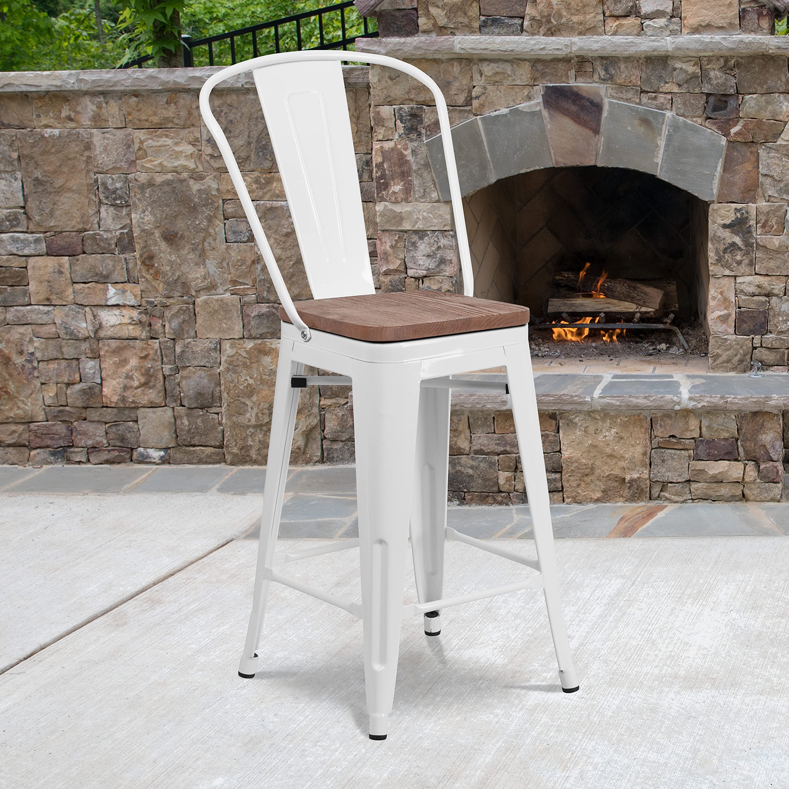 EMMA & OLIVER 24 Inch White Metal Counter Height Bar Stool with Wood Seat & Back Support - Perfect for Kitchen Islands, Breakfast Bars & Dining Tables