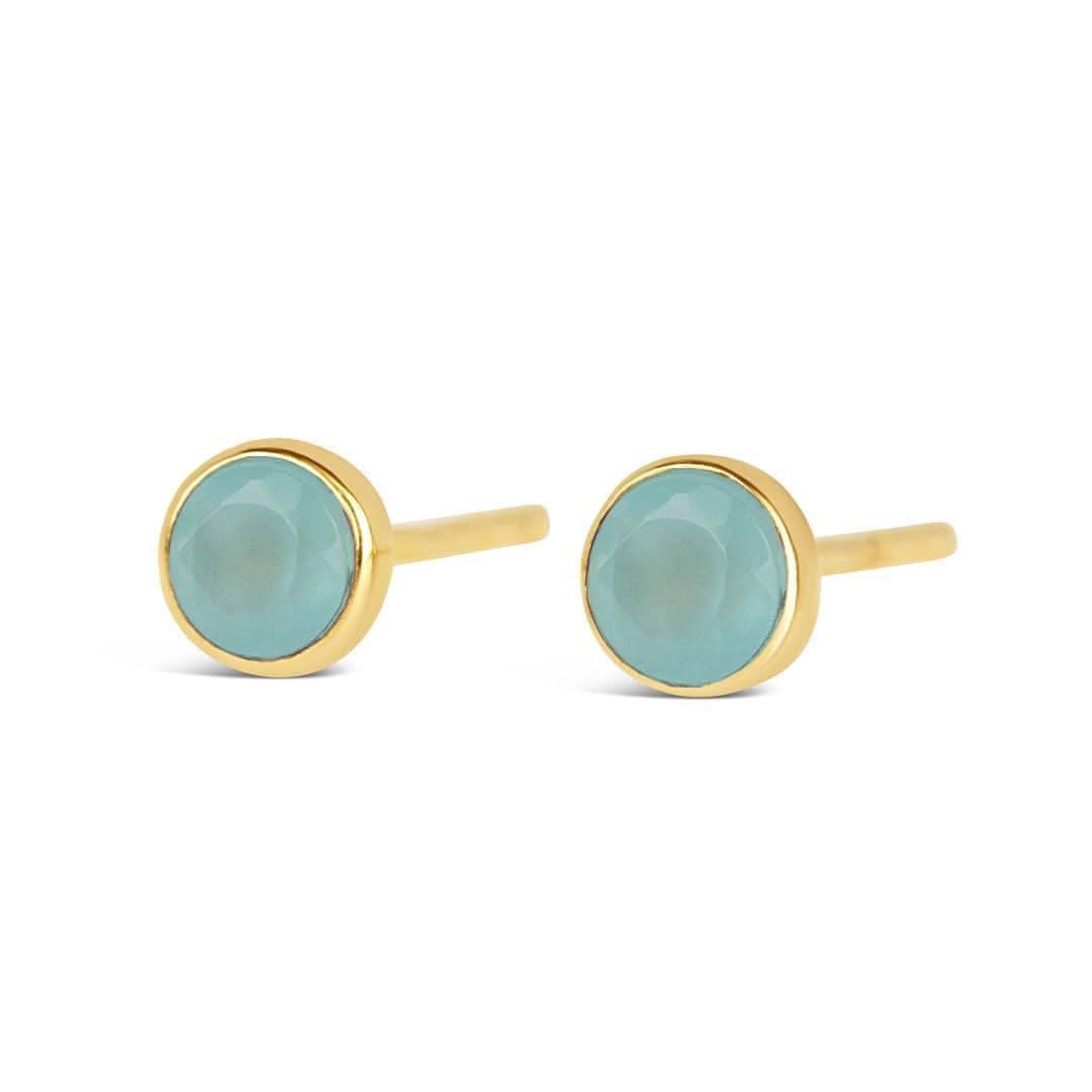 Aqua Chalcedony Mini Stud Earrings - 14K Gold Plated March Birthstone Jewelry for Women - Perfect for Gifts, Birthdays & Everyday Wear