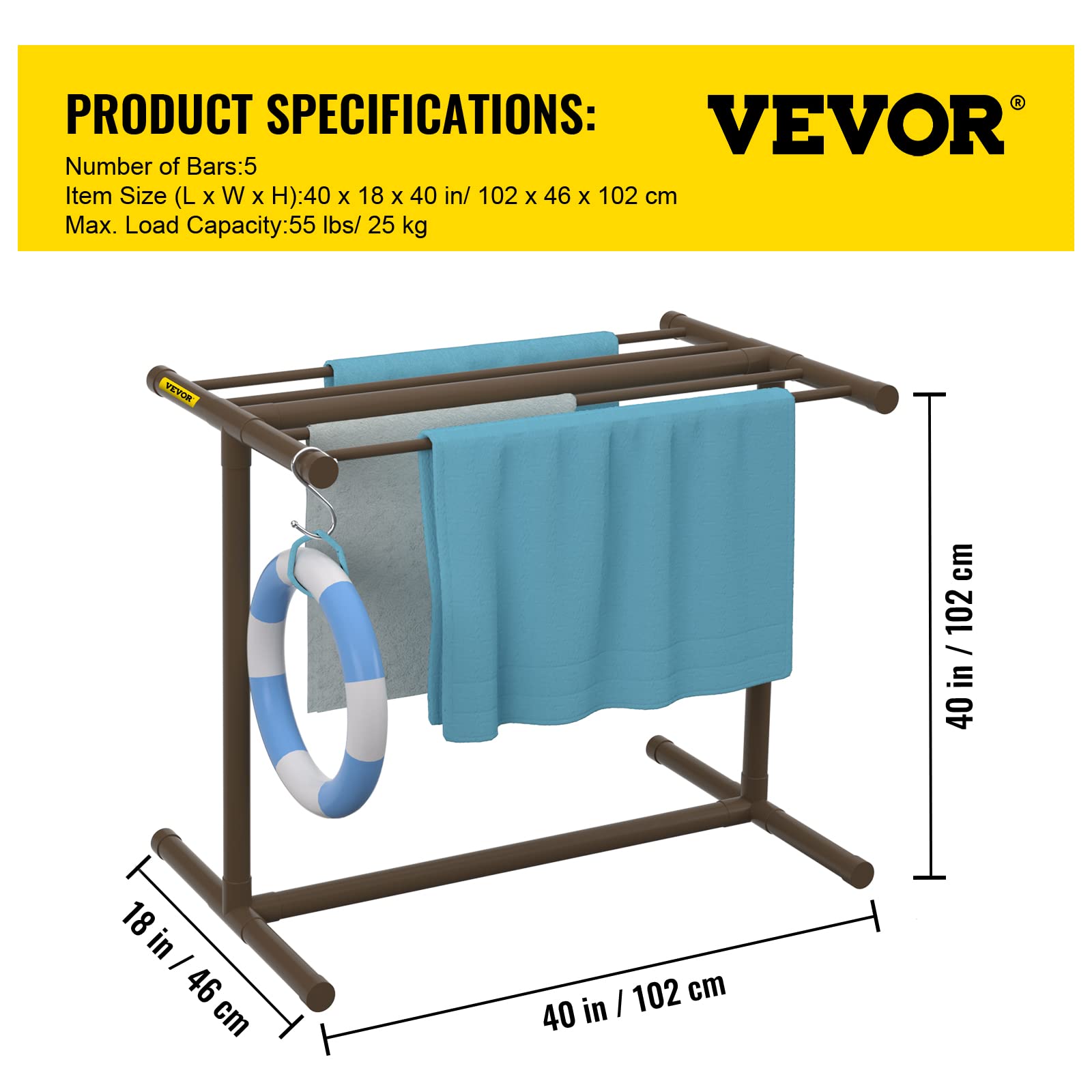 VEVOR 5-Bar Freestanding Pool Towel Rack - Brown Outdoor PVC T-Shape Storage Organizer with 8 Towel Clips, Mesh Bag & Hook - Holds Swim Towels, Pool Floats & Paddles - Perfect for Beach, Swimming Pool & Backyard Use