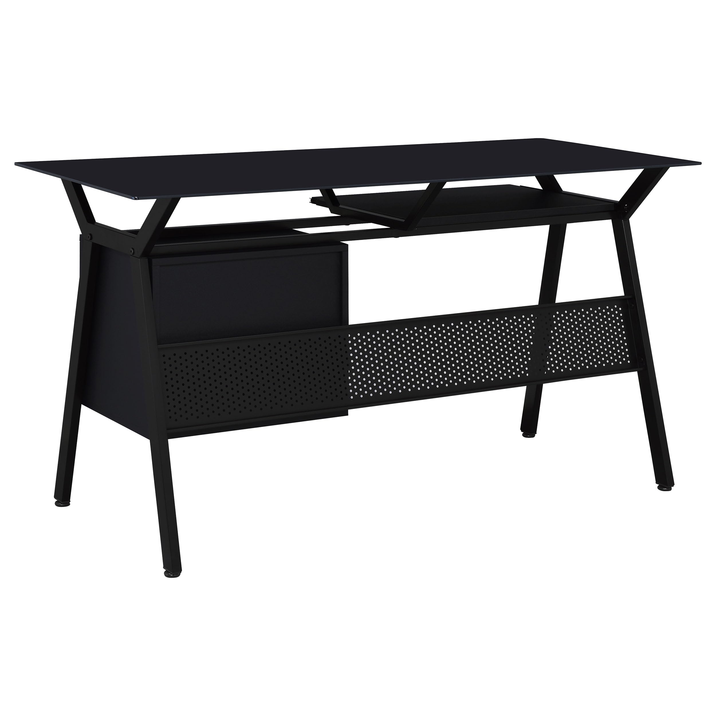 Modern 55-Inch Office Computer Desk with Black Tempered Glass Top - 2-Drawer Storage Workstation (55