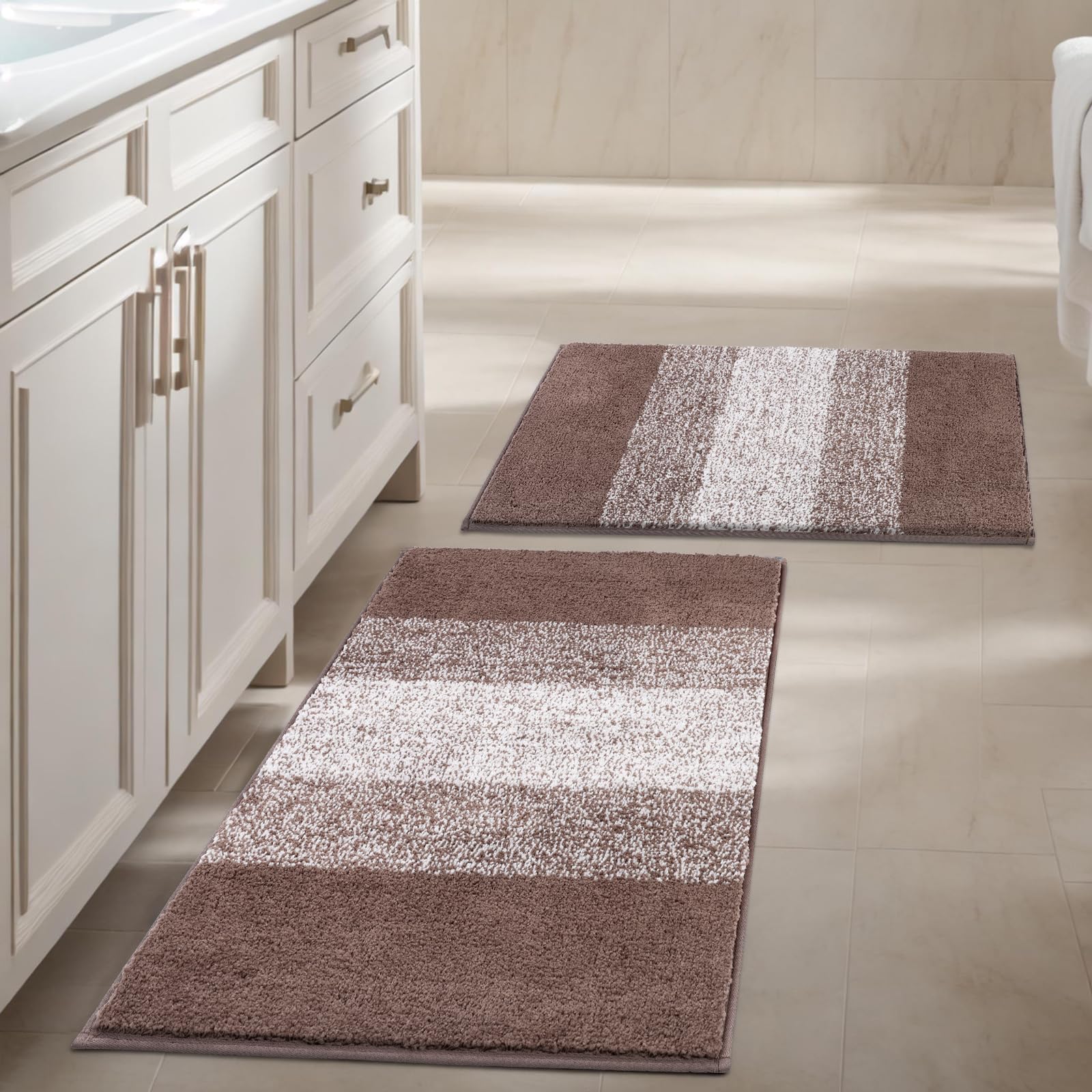 Vaukki Luxury Soft Bathroom Rugs Set of 2 - Non-Slip Washable Plush Microfiber Shaggy Bath Mats, Super Absorbent Striped Bathroom Carpet for Tub & Shower (18x26+20x32 Inch, Coffee Brown) - Perfect for Bathroom Floor, Bathtub Side & Shower Entrance