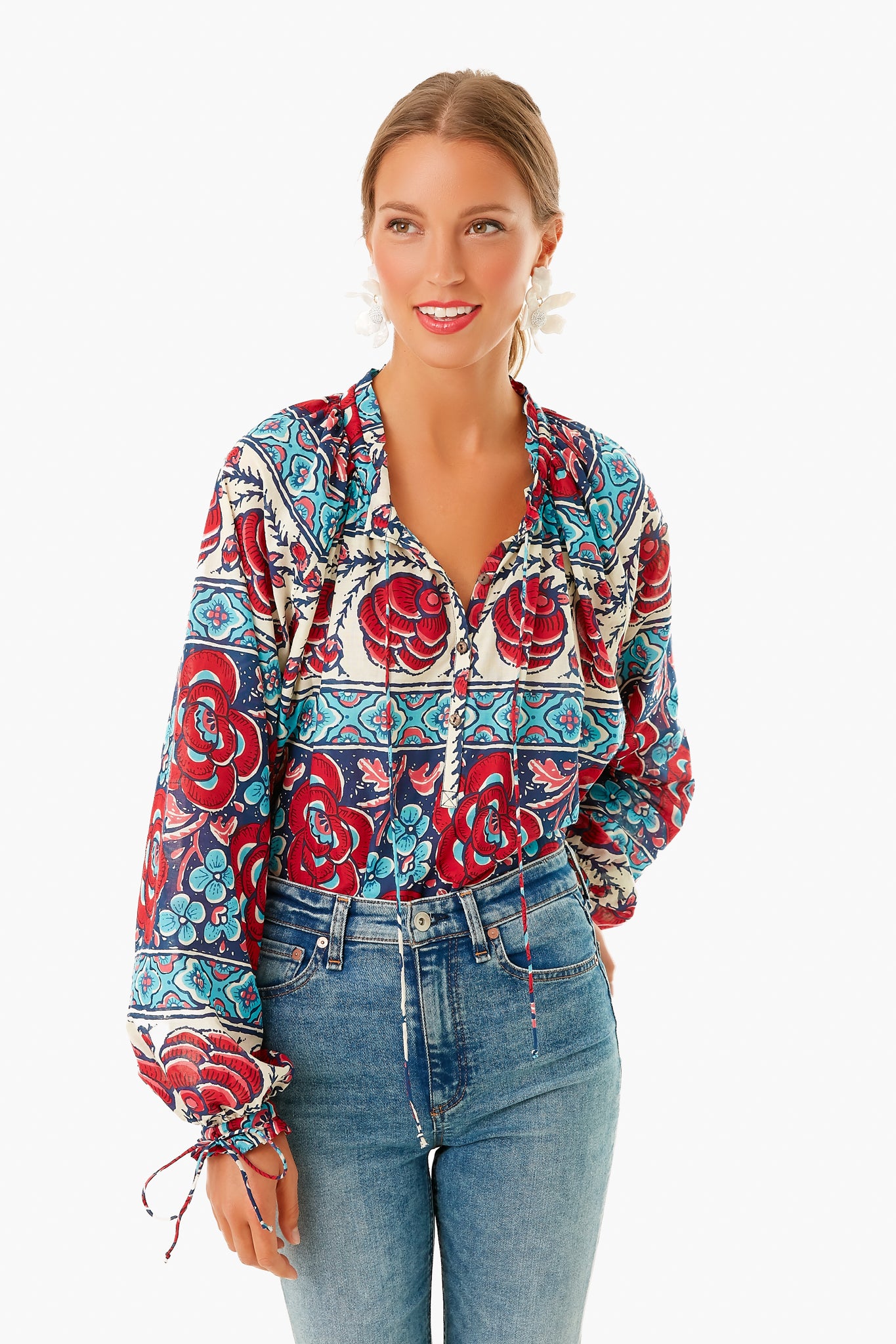 Blue Multi Floral Tie Sleeve Blouse for Women | Elegant Floral Print Tunic Top | Perfect for Office, Date Night & Spring Outfits