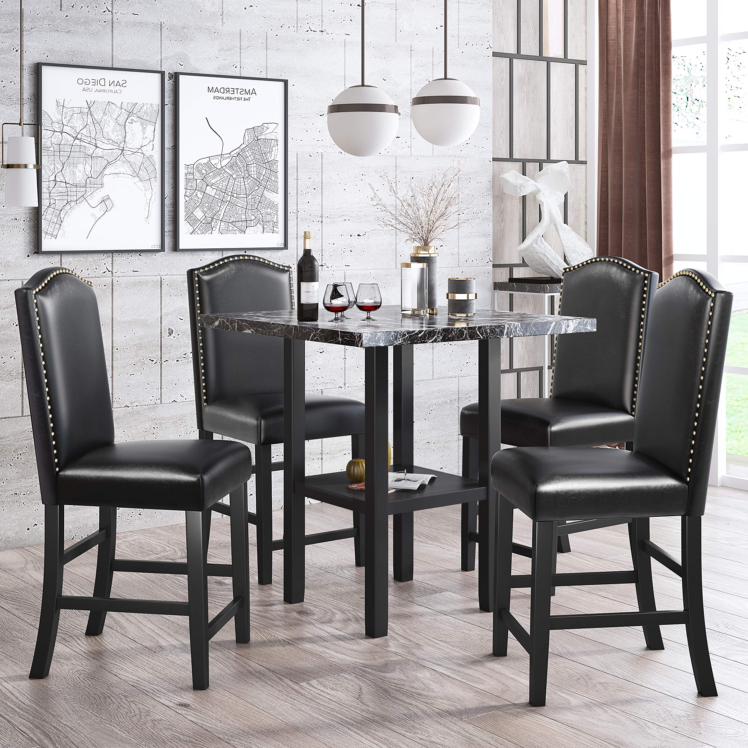 5-Piece Compact Dining Table Set with Tempered Glass Top & 4 Faux Leather Chairs - Modern Kitchen/Dining Room Furniture for Small Spaces, Apartments & Breakfast Nooks - Easy Assembly & Space-Saving Design