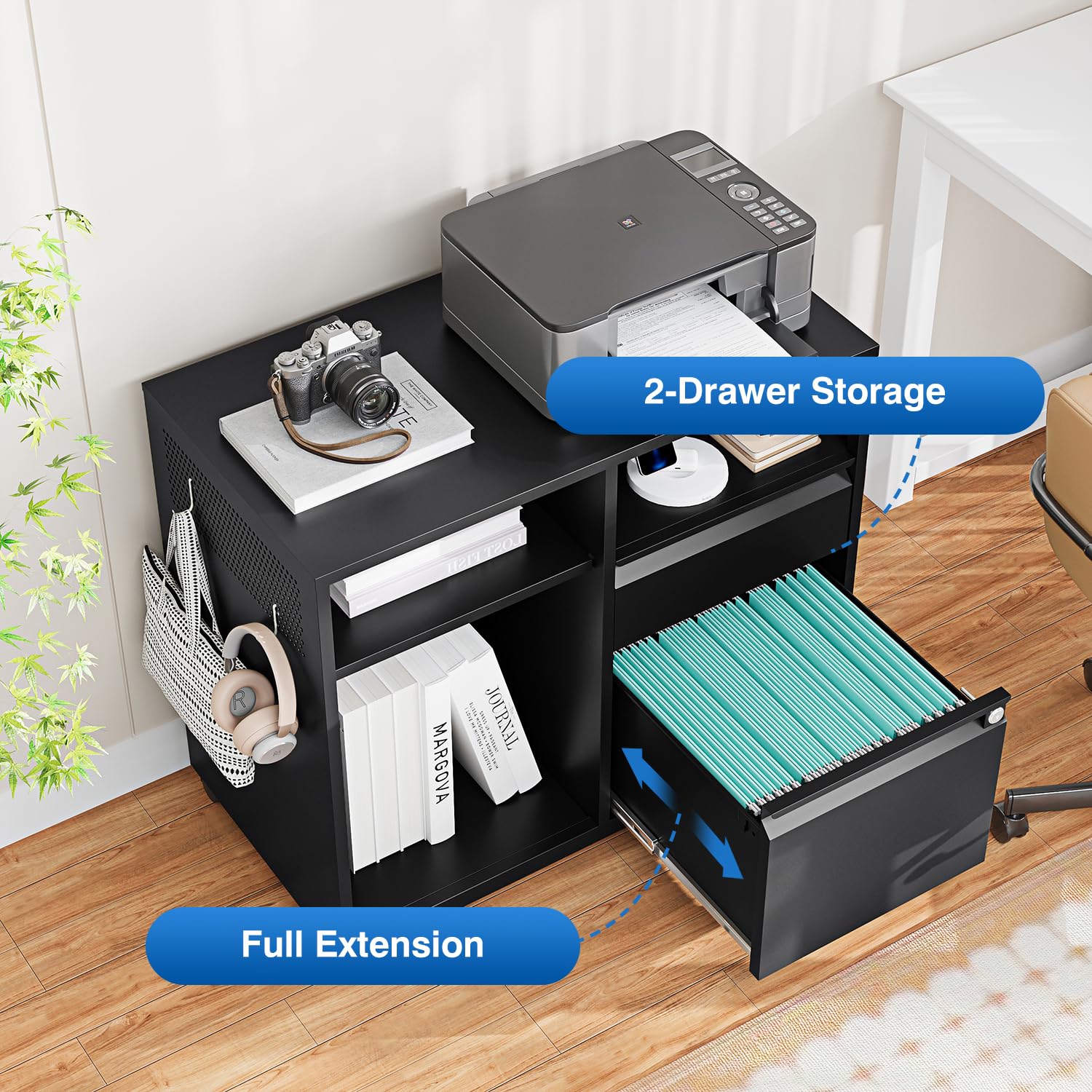 2-Drawer Metal Filing Cabinet with Lock - Lateral Home Office File Organizer, Rolling Printer Stand with Open Shelf for Letter/A4 Size Documents | Perfect for Office Storage & Workspace Organization