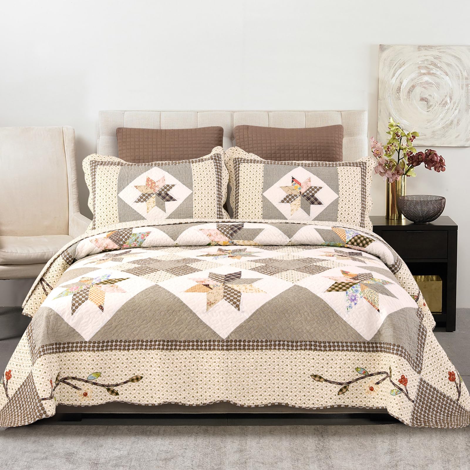 YAYIDAY Queen Size Patchwork Quilt Set - 100% Cotton Reversible Breathable Geometric Bedspread with Pillow Shams | All-Season Comfort for Bedroom, Guest Room & Dorm Decor