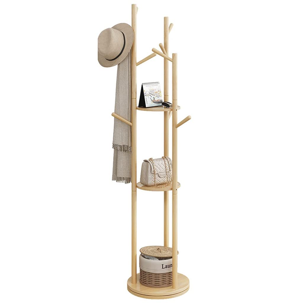 GIZNXBA Freestanding Wooden Coat Rack with 3 Storage Shelves & 9 Hooks - Rotating Entryway Hall Tree for Coats, Jackets, Hats, Bags - Natural Color (Size A) | Perfect for Living Room, Bedroom, Entryway & Office Organization