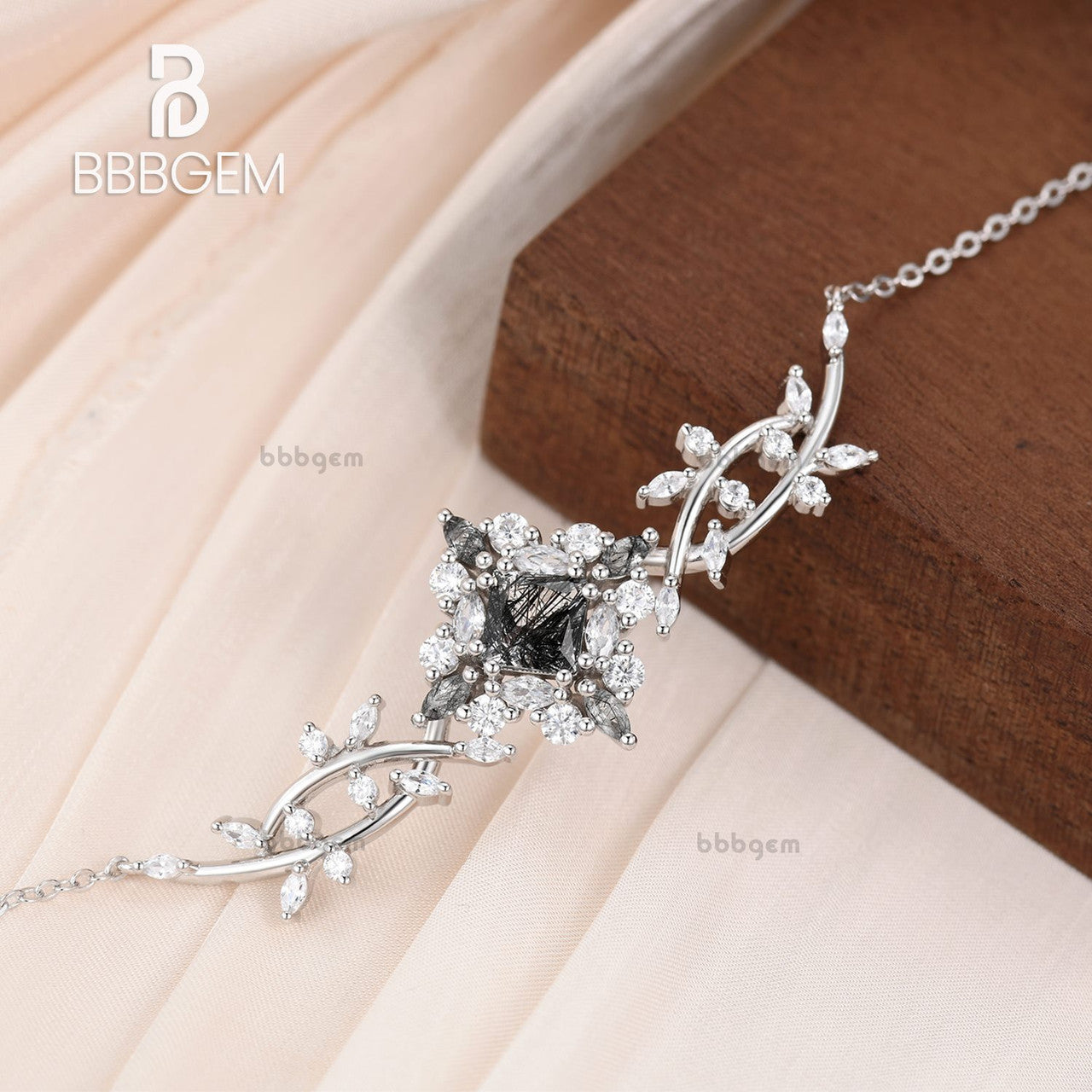 14K Gold Black Rutilated Quartz Moissanite Princess Necklace for Women - Elegant Filigree Art Jewelry Gift for Anniversary, Birthday & Special Occasions