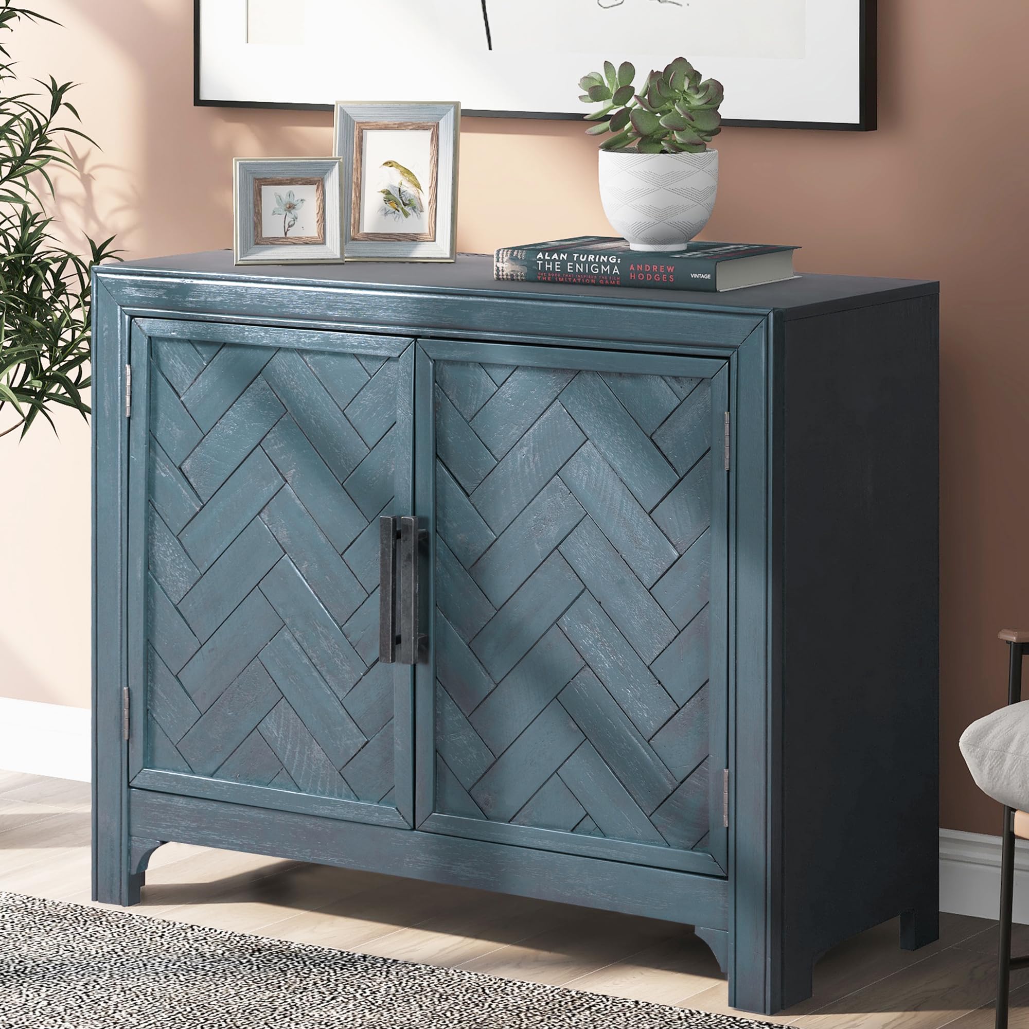 P PURLOVE Wooden Storage Cabinet with Unique Design Doors - Adjustable Shelves, Space Saving Buffet Sideboard for Living Room, Study Room, Bedroom & Office - Antique Blue Home Organization Furniture for Small Spaces