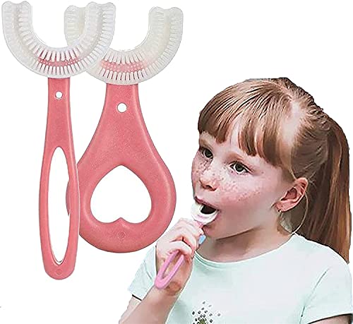 U-Shaped Kids Toothbrush for Ages 2-12 | 360° All-Round Manual Toothbrush for Children | Oral Cleaning & Teeth Training Tool | Whole Mouth Toothbrush (2-Pack, Pink) - Perfect for Toddler Dental Care & Early Brushing Habits