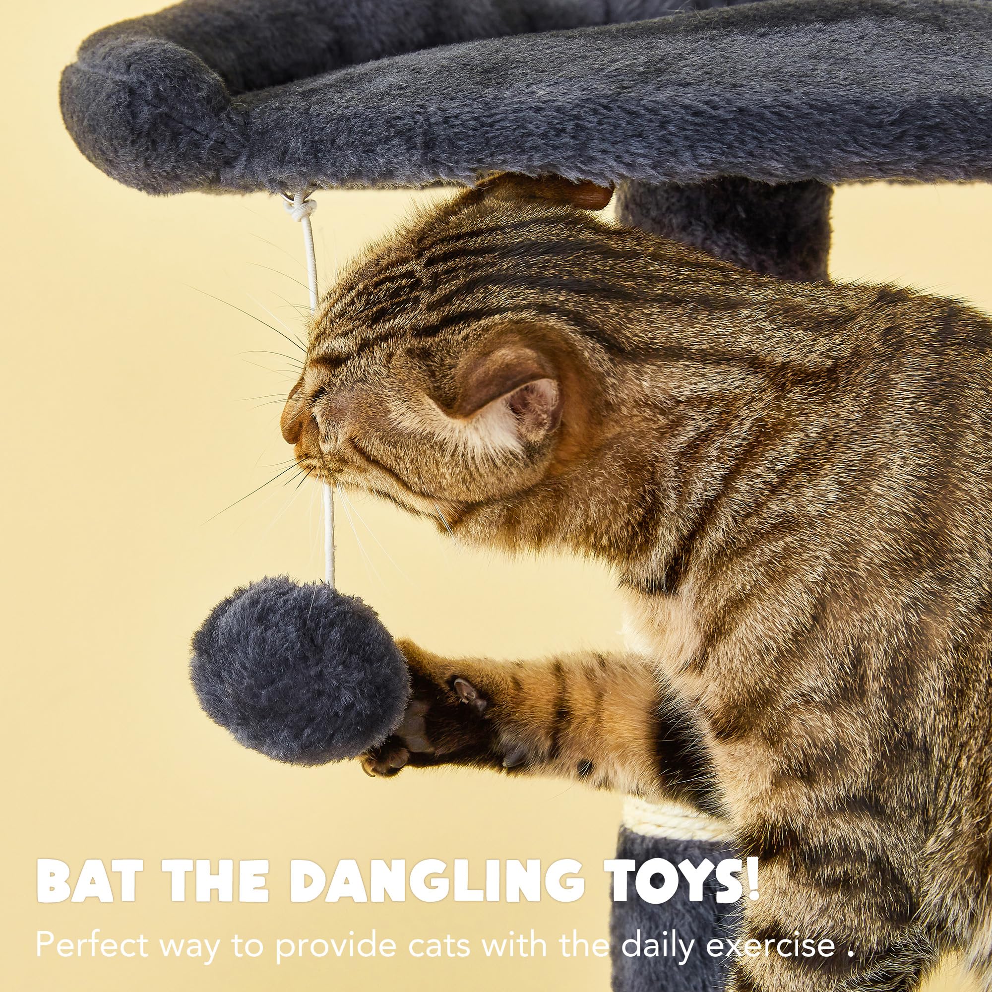 Premium Multi-Level Cat Tree for Indoor Cats - Tall Cat Tower with Condos, Sisal Scratching Posts & Hammock | Dangling Toys & Top Perch for Large Cats & Kittens | Smoky Grey | Perfect for Play, Rest & Climbing in Home or Apartment