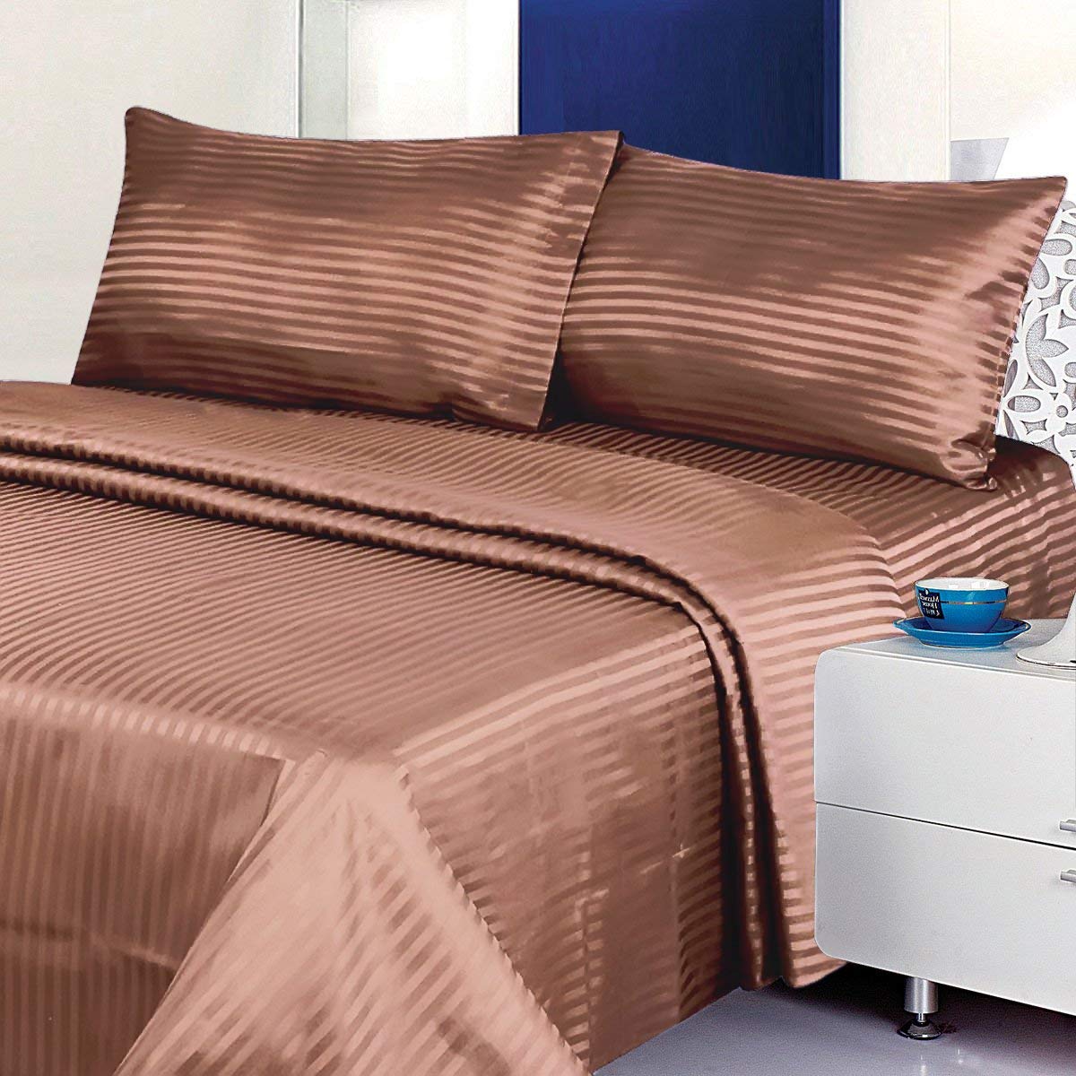 4 Piece Twin XL Bed Sheet Set - 600 Thread Count 100% Long Staple Cotton, Coffee Stripe - Deep Pocket Fits Mattress Up to 15