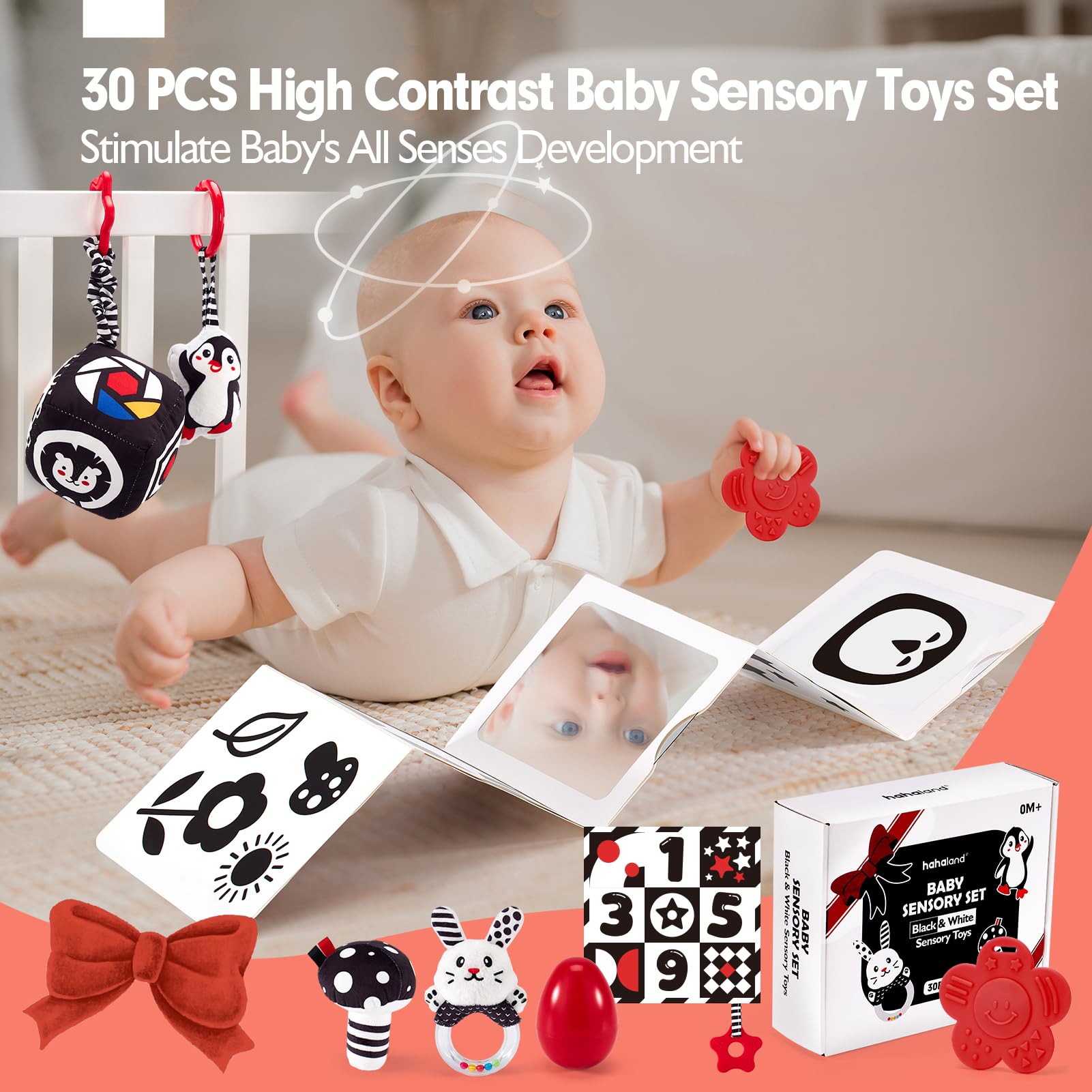 Hahaland 30-in-1 Black and White High Contrast Baby Toys for Newborns 0-6 Months - Tummy Time Mirror & Sensory Toy Set for Infant Development - Perfect for Visual Stimulation, Early Learning, and Playtime (0M+)