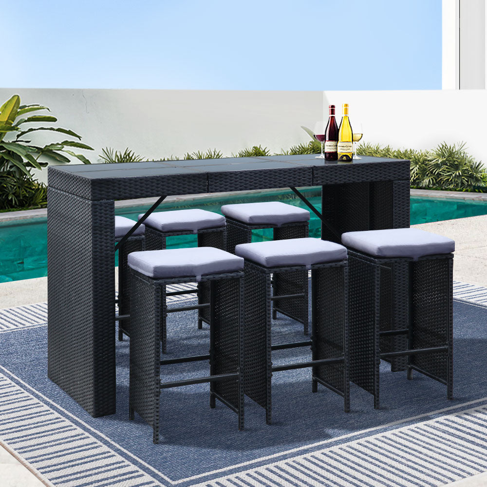 7-Piece Outdoor Bar Set with Dining Table & Stools - All-Weather Wicker Patio Furniture for Backyard, Garden, Poolside or Deck Entertaining