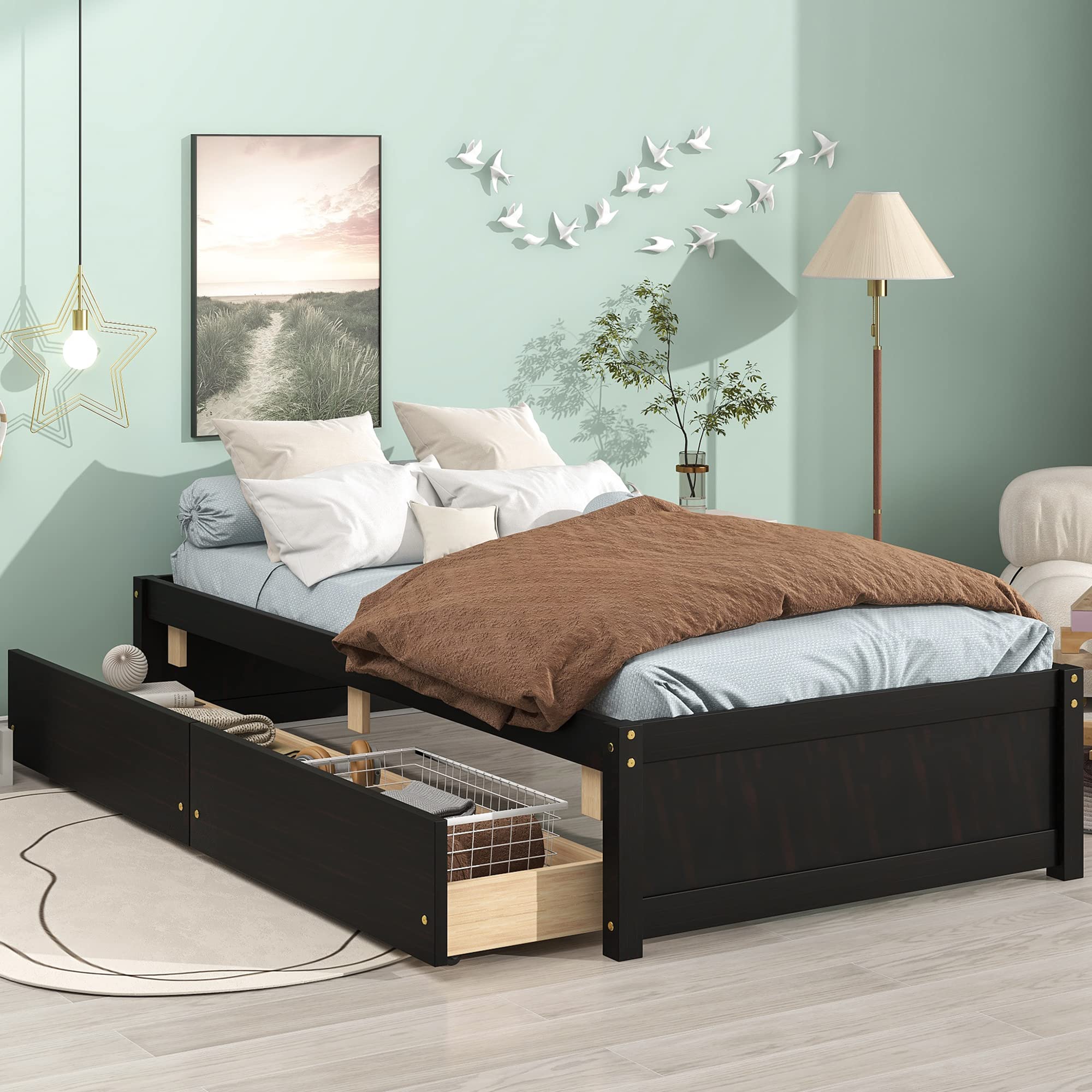 Twin Size Platform Bed Frame with 2 Storage Drawers - Solid Wood Captains Bed No Headboard for Kids & Teens (Espresso) | Space-Saving Bedroom Furniture for Small Rooms & Dormitories