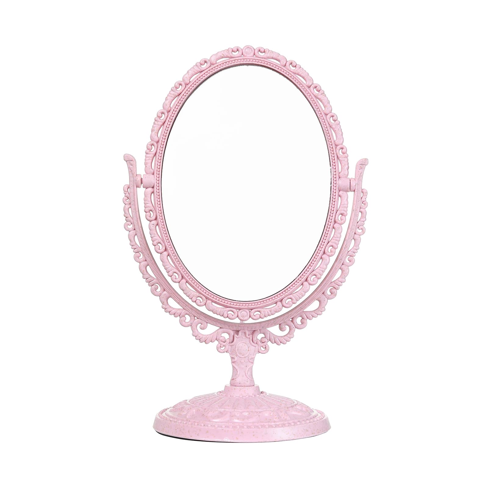 5x4 Inch 360° Rotatable Two-Sided Vanity Makeup Mirror with 3X Magnification - Vintage Coquette Aesthetic Desk Mirror for Bathroom, Bedroom & Dressing Table (Mini Oval, Pink) - Perfect for Makeup Application, Skincare Routine & Home Decor
