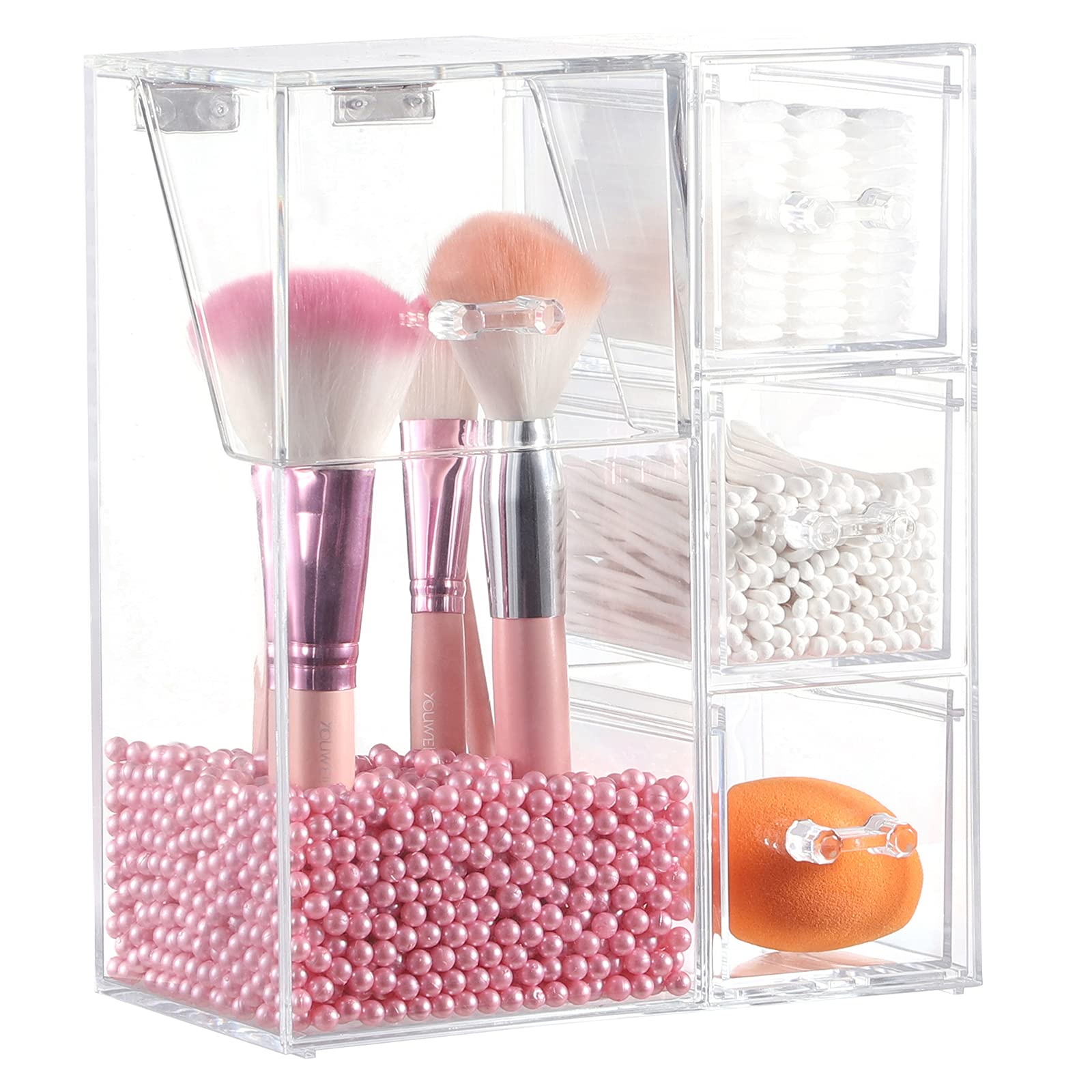 Clear 4-Compartment Makeup Organizer with Dustproof Lid - Cosmetic Brush Storage Box for Vanity | Includes Free Pink Pearls | Perfect for Bedroom, Bathroom & Travel Makeup Organization