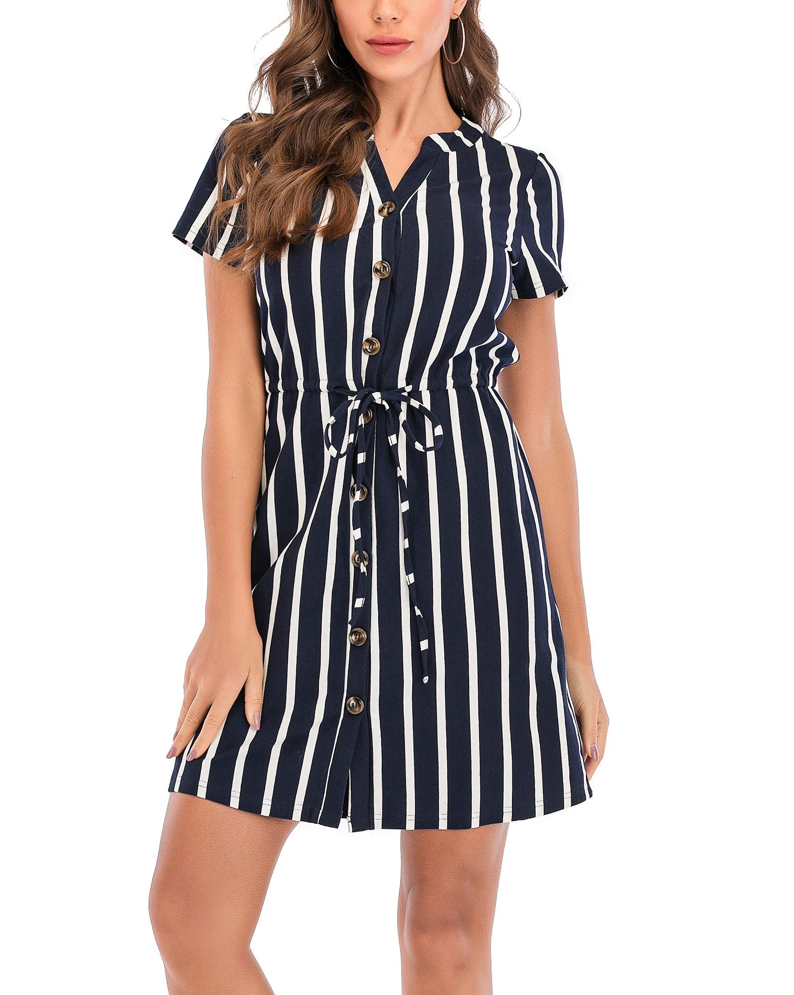 OEUVRE Women's Striped Button Down Tie Waist Mini Short Sleeve V Neck Dress | Casual Summer Office Wear & Beach Cover Up