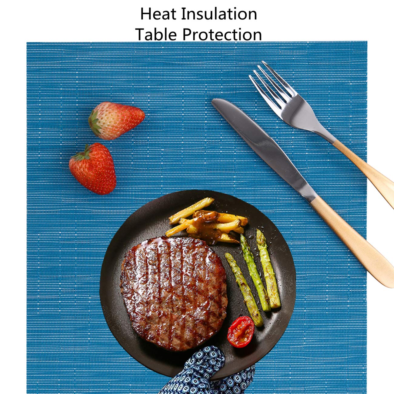 Myir JUN Set of 6 Non-Slip Heatproof Woven Placemats - Washable PVC Table Mats for Dining Room, Kitchen & Office (Blue) | Perfect for Everyday Meals, Dinner Parties & Home Decor