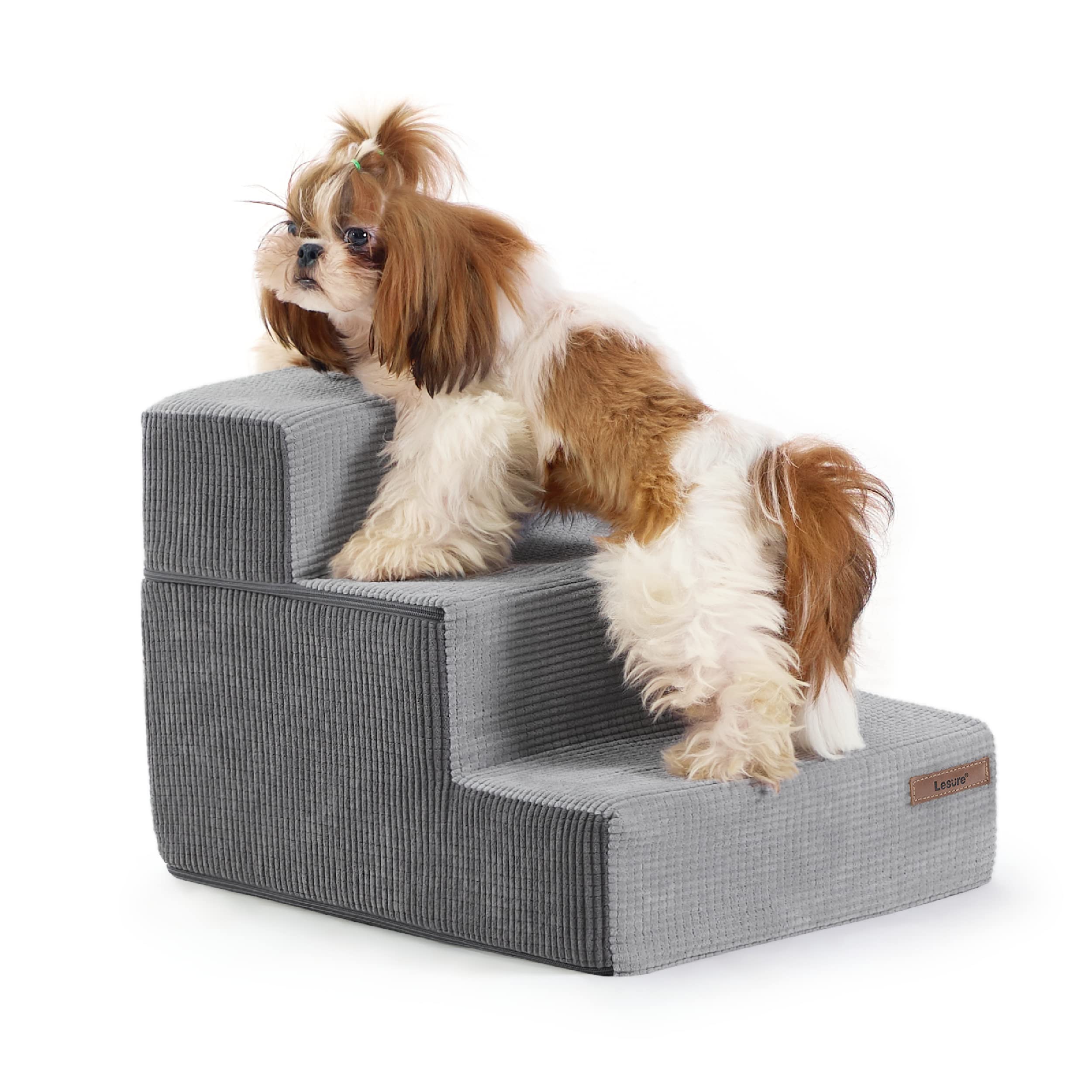 CertiPUR-US Certified Foam Dog Stairs for Small Dogs & Cats - 3-Step Folding Pet Steps with Non-Slip Bottom for High Beds & Couches | Portable Pet Ramp for Elderly Pets & Puppies | Grey Home Accessories