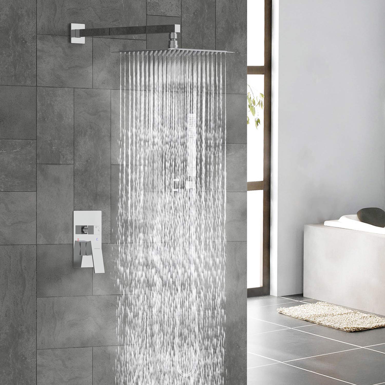 EMBATHER Chrome Shower System - 12 Inch Rain Shower Head with Adjustable Handheld Sprayer, Wall Mounted Square Shower Faucet Set (Includes Rough-in Valve & Trim) for Modern Bathroom Renovation - Perfect for Spa-Like Experience and Water Conservation