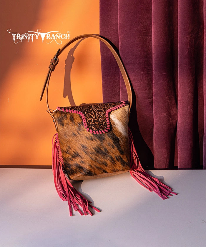Trinity Ranch Genuine Hair-On Cowhide Tooled Western Shoulder Bag - Perfect for Rodeo, Country Music Festivals & Cowgirl Fashion