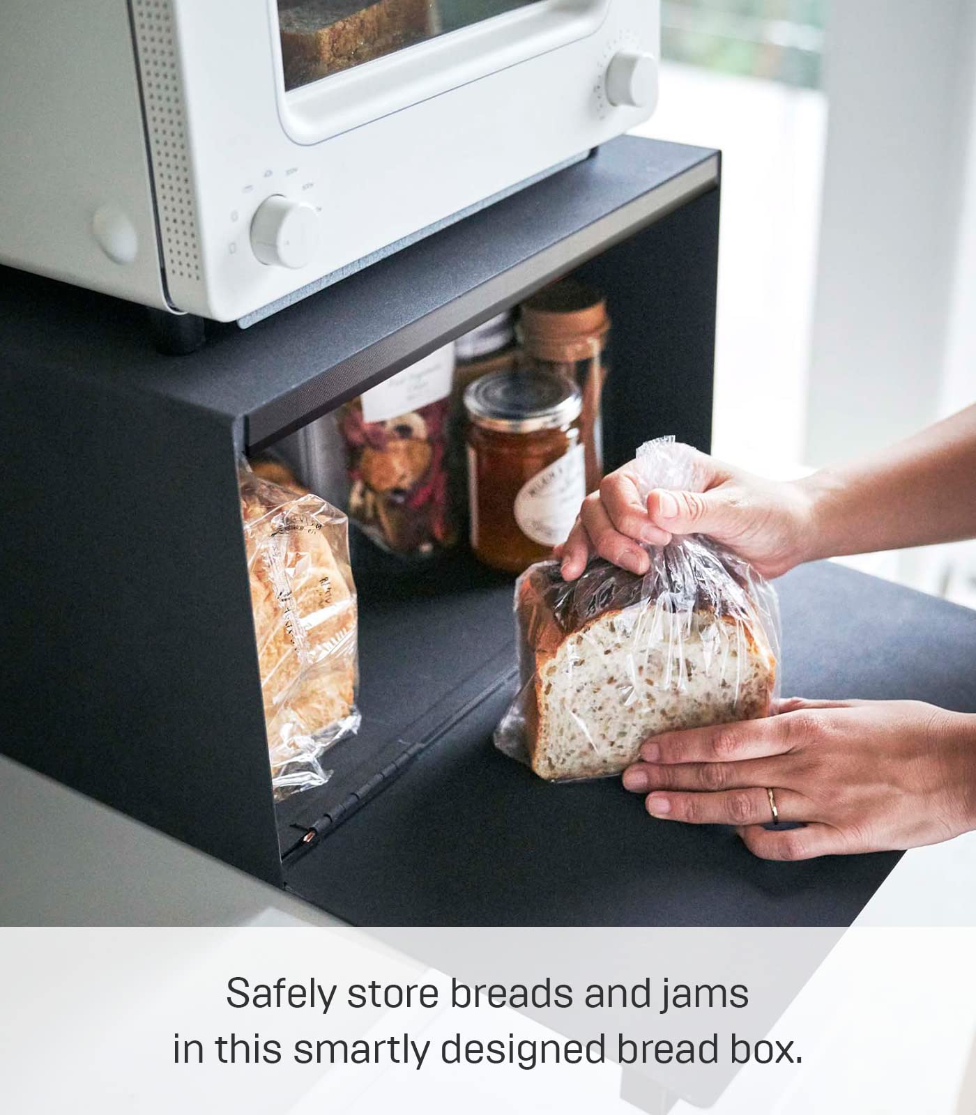 Yamazaki Home Metal Bread Box - Slim Space Saving Counter Storage for Bread, Buns & Pastries - Horizontal Steel Bread Holder for Kitchen Counter & Pantry Organization