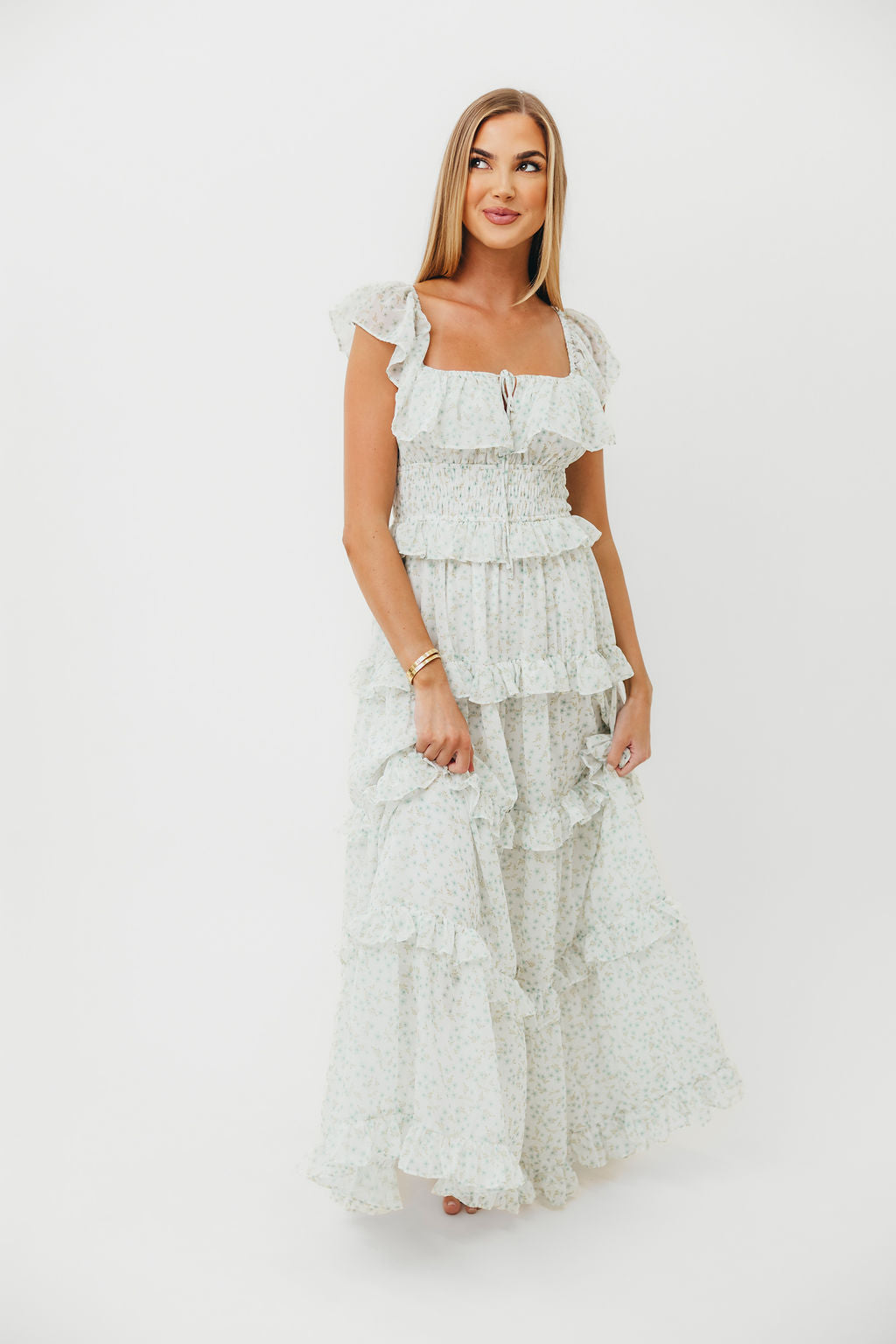 Astrid Ruffle Detail Maxi Dress in Sage Floral - Bump Friendly Maternity Dress for Pregnancy, Nursing & Special Occasions | Flowy Summer Dress for Beach, Wedding & Vacation