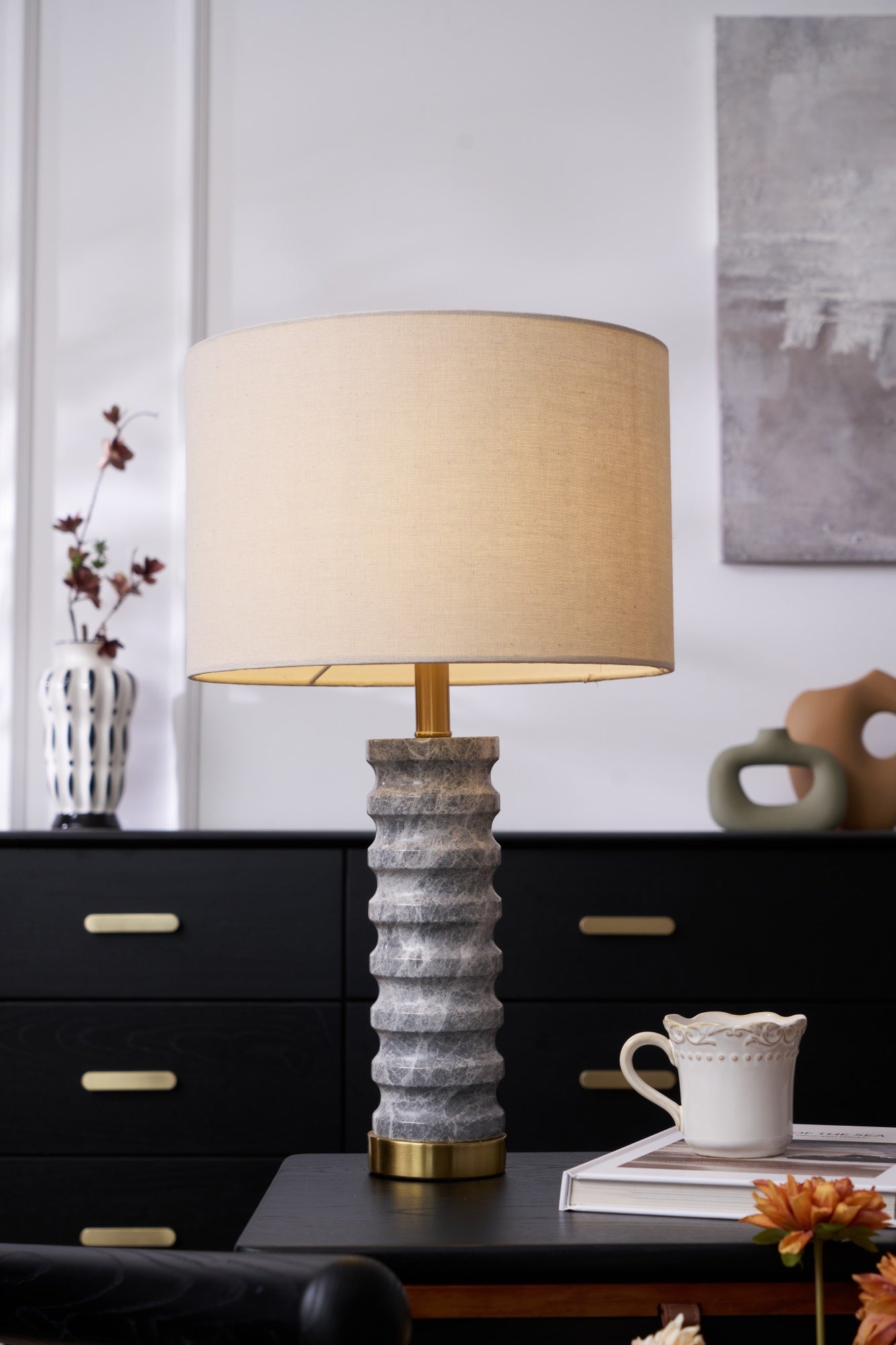 Rivara Modern Stone Table Lamp - Natural Stone Base with Fabric Shade for Bedroom, Living Room, and Office Decor