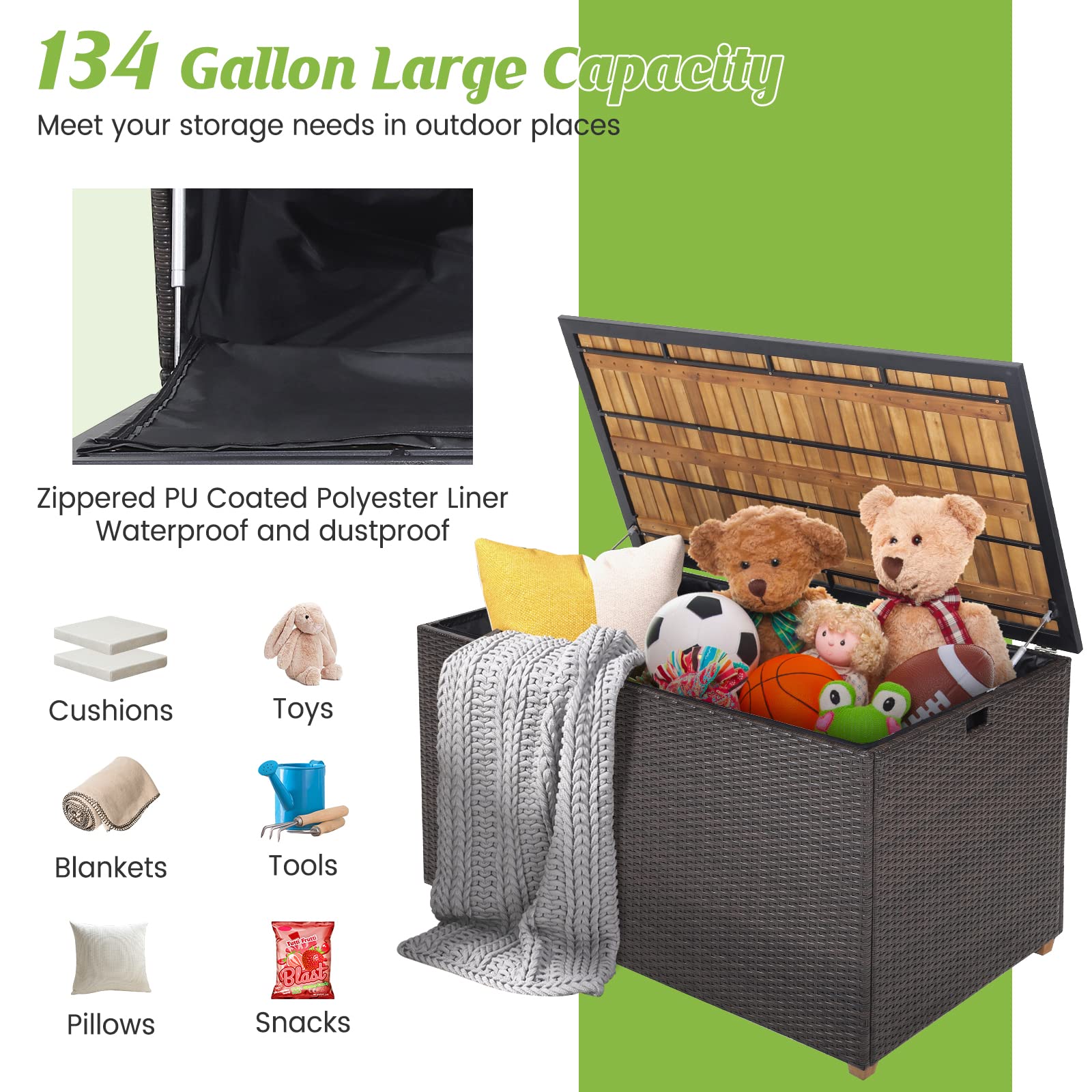 HAPPYGRILL 134 Gallon Rattan Deck Box with Zippered Liner - Waterproof Outdoor Storage Container with Acacia Wood Top & Feet, Effort-Saving Pneumatic Rod - Perfect for Patio, Porch, Backyard, Garden Organization & Cushion Storage
