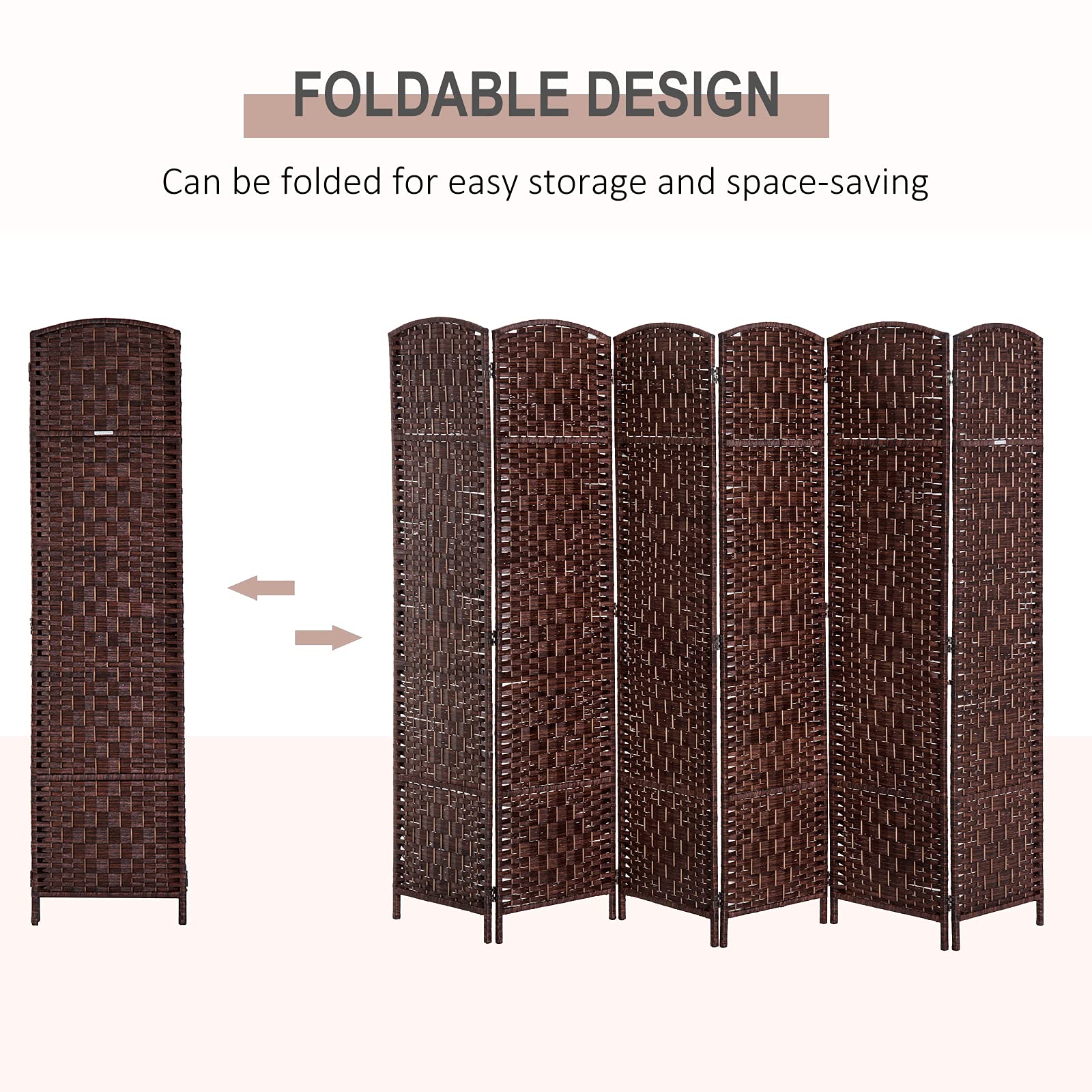 HOMCOM 6FT Tall 6-Panel Folding Privacy Screen - Portable Wicker Weave Room Divider for Bedroom, Home Office, Living Room - Brown Partition Wall for Space Separation & Decoration