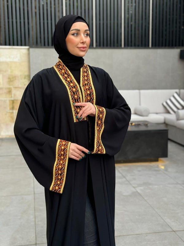 Elegant Black Abaya with Intricate Front & Sleeve Embroidery - Perfect for Prayer, Modest Fashion & Special Occasions