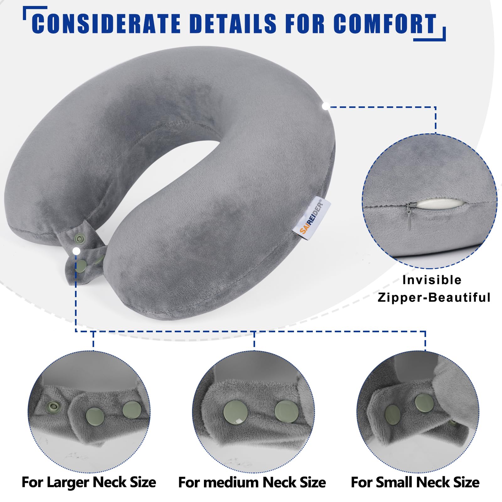Saireider 100% Memory Foam Travel Neck Pillow - Adjustable Airplane Pillow for Neck Support, Prevents Head from Falling Forward - Perfect for Long Flights, Road Trips & Office Naps (Grey)